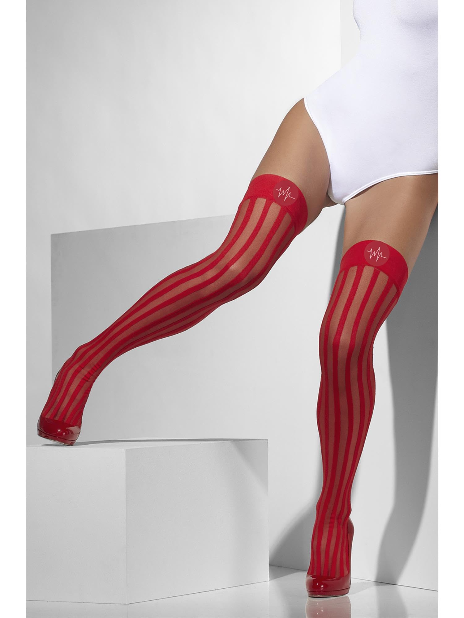 Smiffys Red Sheer Hold-Ups with Vertical Stripes and Cross Print, Fever Hosiery Fancy Dress Accessory 2