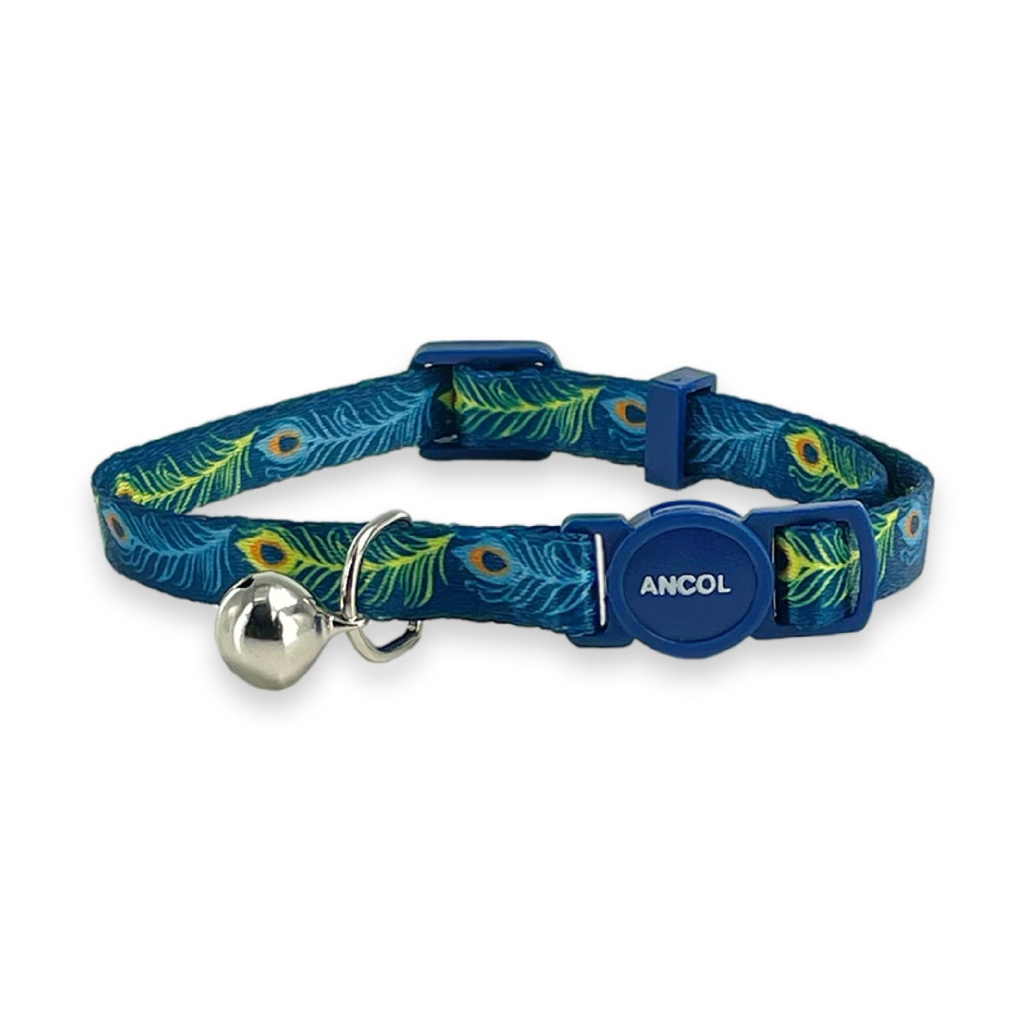 Ancol Adjustable Cat Collar - Peacock Pattern, Safety Bell, Break-Away Buckle | 20-30cm