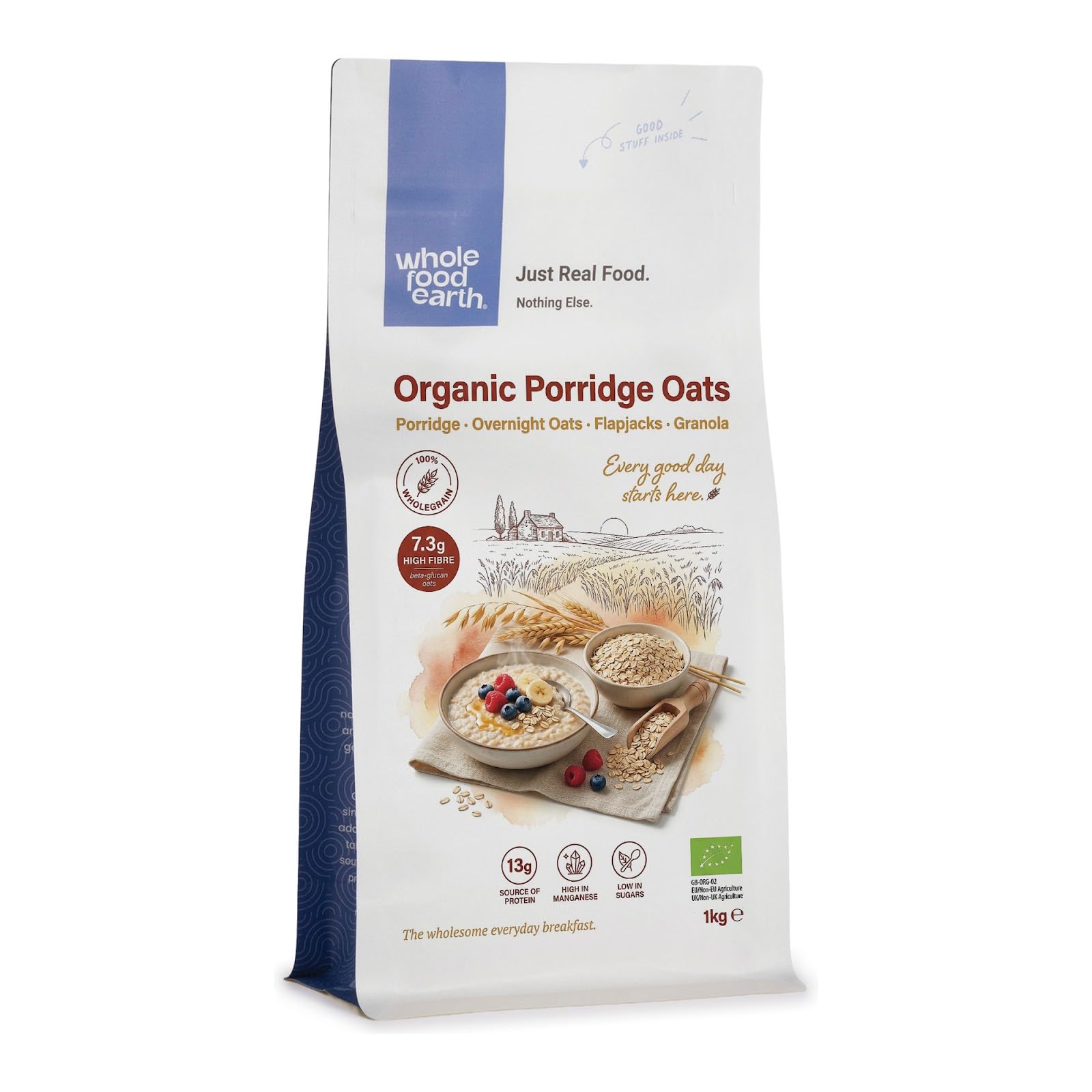 Wholefood Earth Organic Porridge Oats - 1 kg | High Fibre | Vegan
