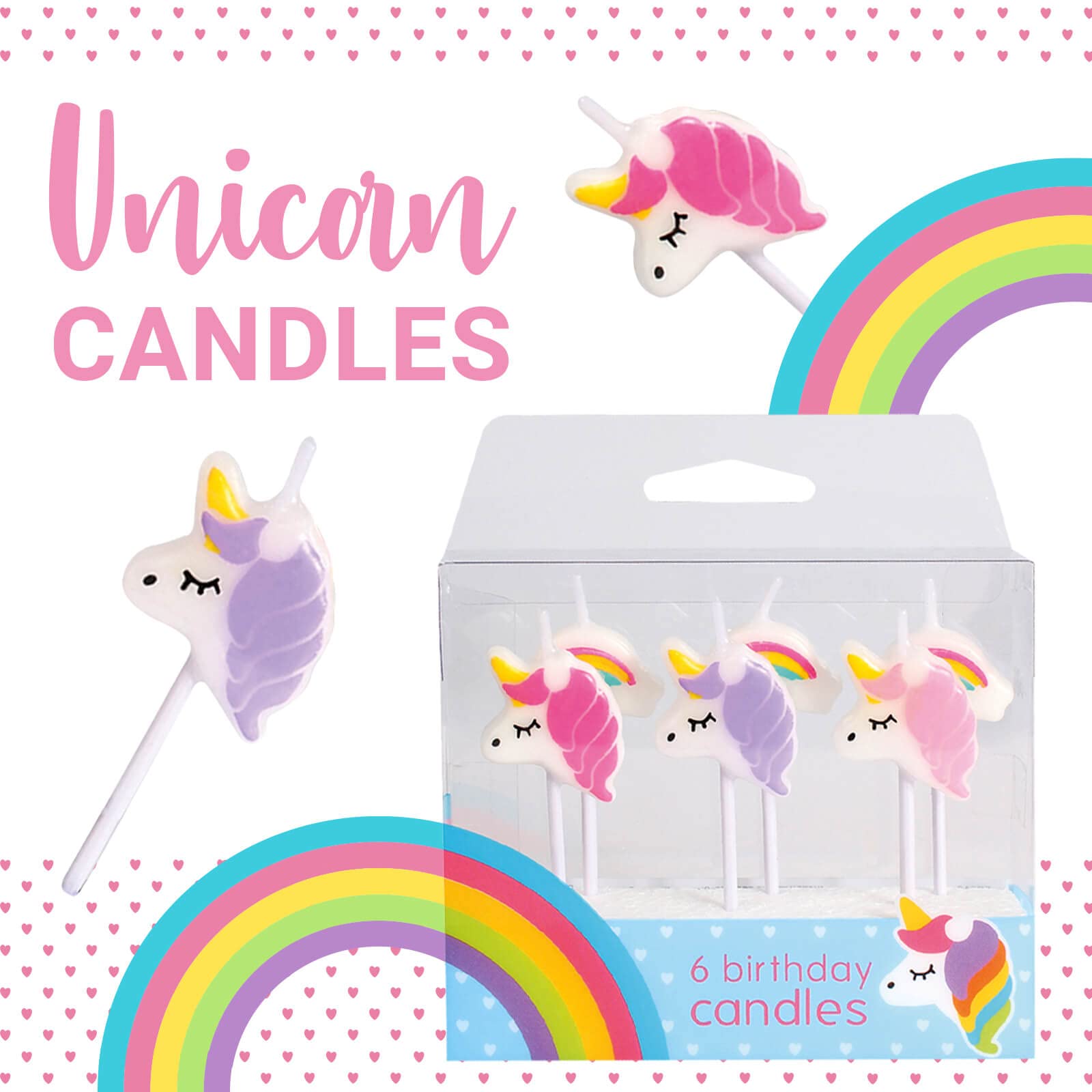 Culpitt Baked with Love Unicorn Birthday Candles - Pack of 6 Pink & Purple Unicorns with Rainbows 2