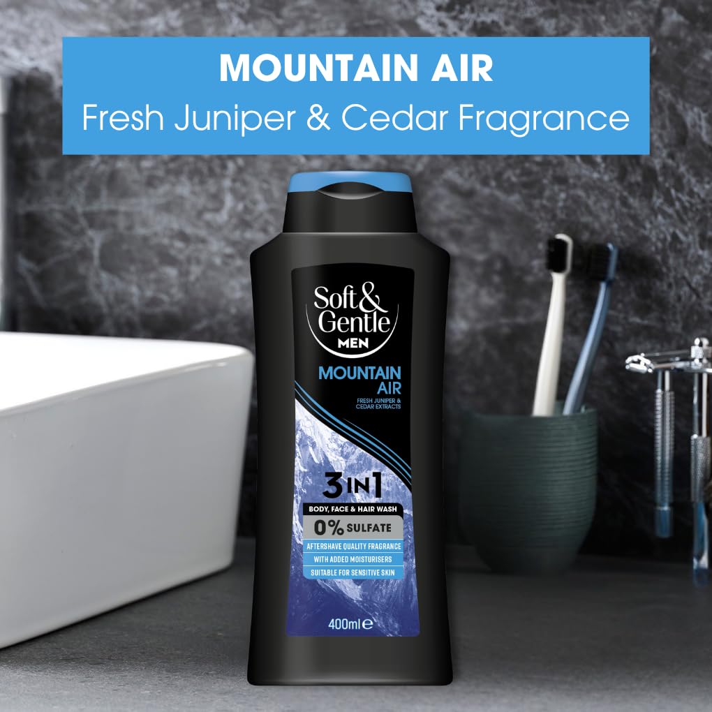 Soft & Gentle Men Mountain Air 3 in 1 Sulfate Free Shower Gel | 400ml | Dermatologist Approved