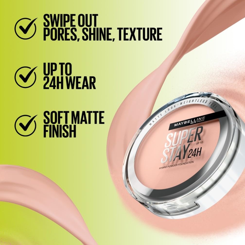 Maybelline SuperStay 24H Hybrid Powder Foundation - Medium to Full Coverage, Matte Finish, Transfer-Resistant