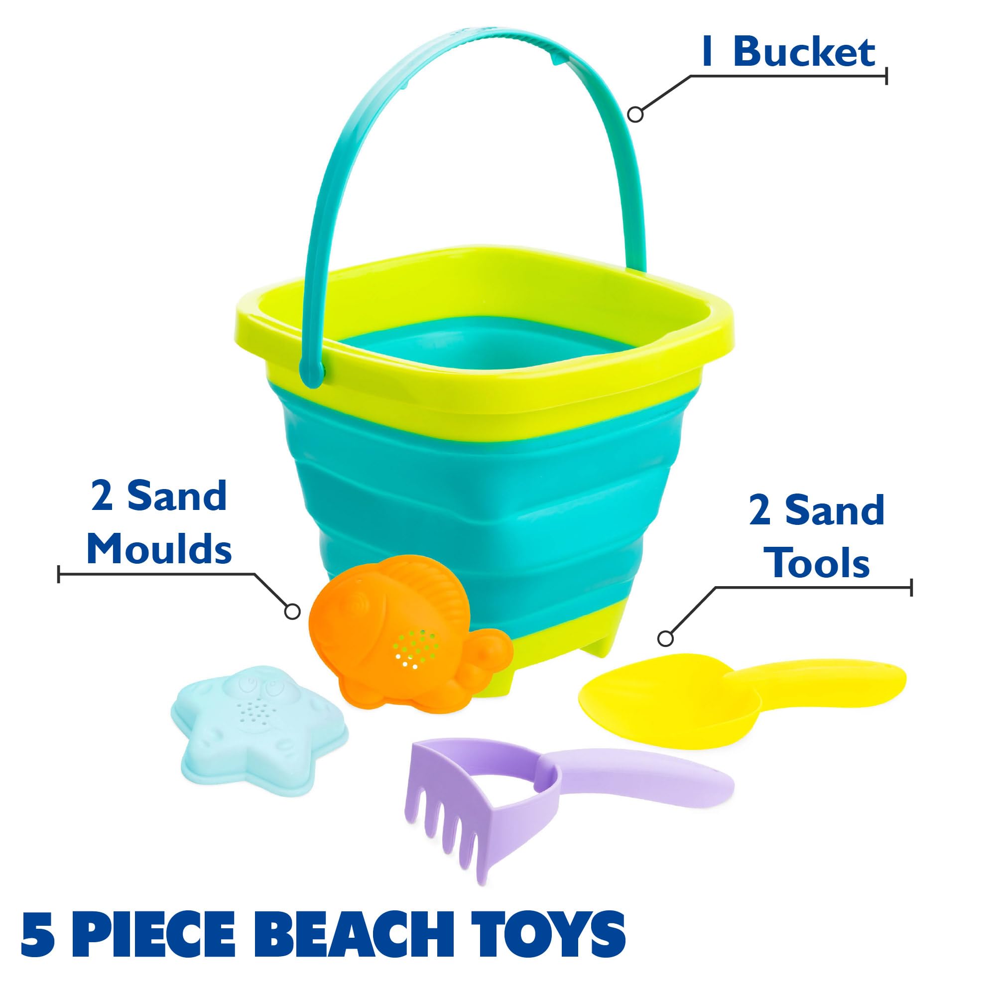 Yello 5pc Silicone Collapsible Bucket Set with Beach Moulds & Tools for Children Aged 3+ 4