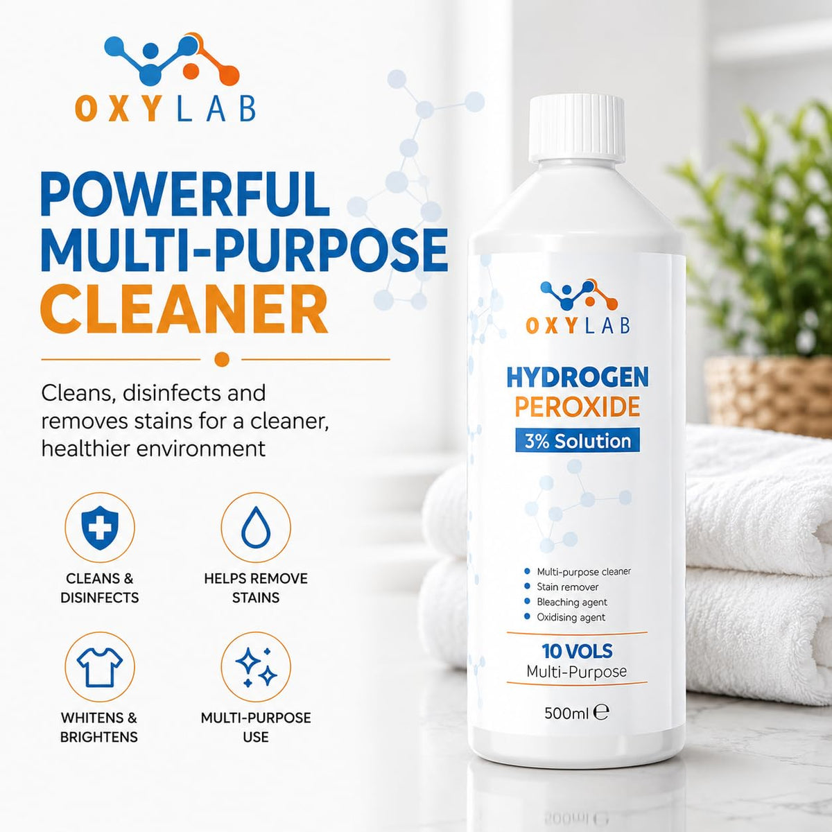 OxyLAB Hydrogen Peroxide 3% Solution - Multi-Purpose Cleaner & Stain Remover | 500ml | Made in UK 2