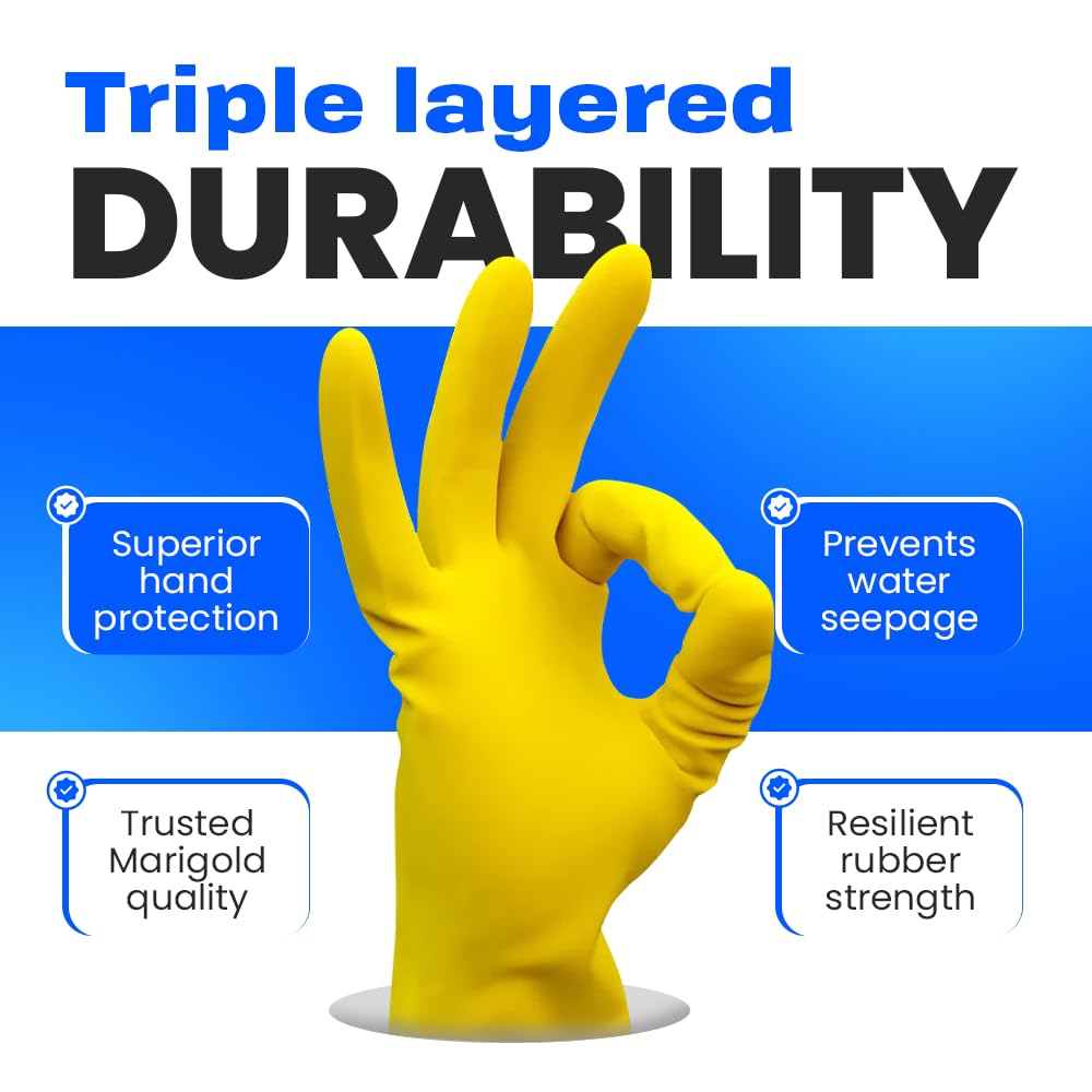 Marigold Extra Life Kitchen Gloves - Triple Layered Latex, Cotton Lined, Size S, Yellow 5