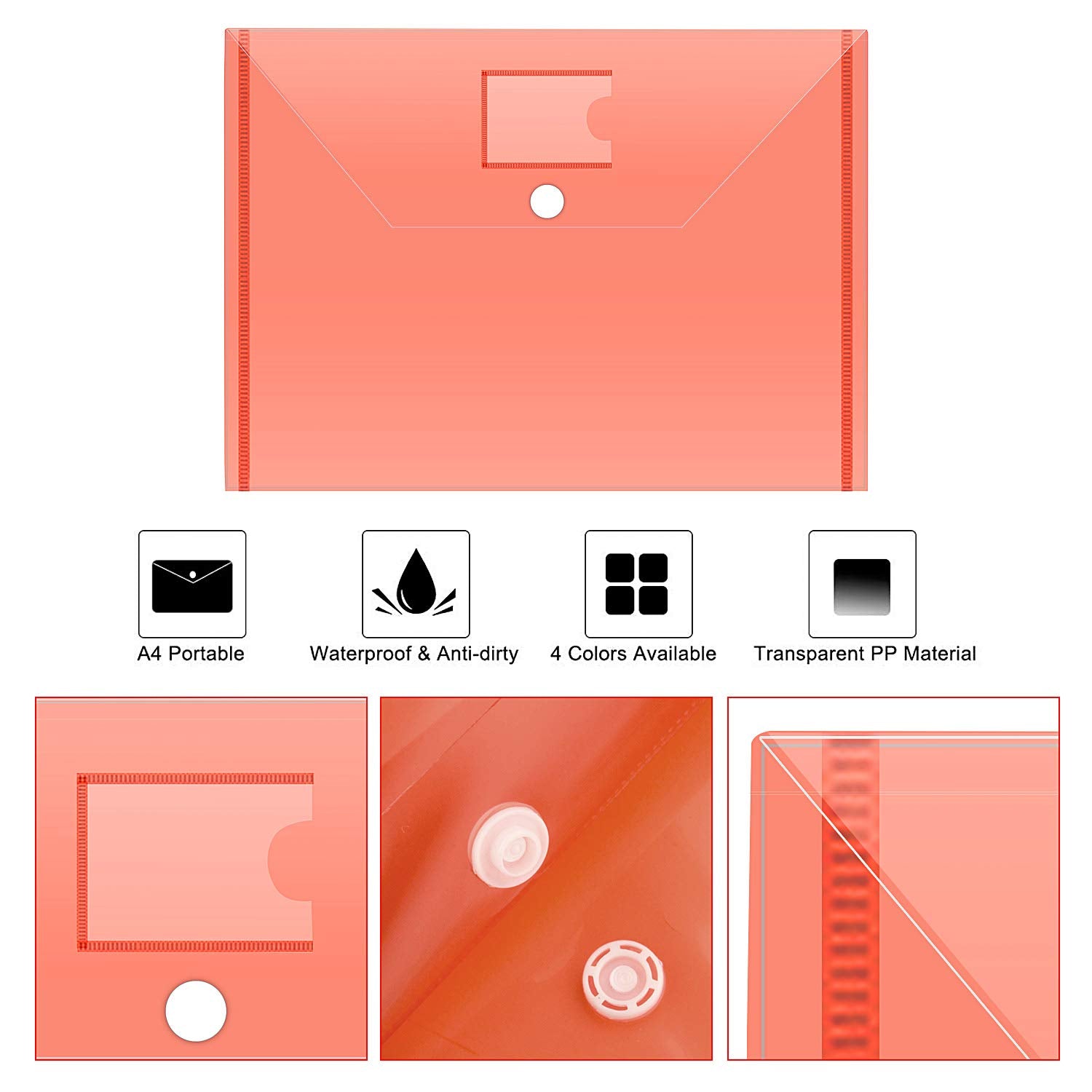 ASelected A4 Plastic Document Wallets with Popper Closure | 24 Pack | Clear | Holds 100 Sheets
