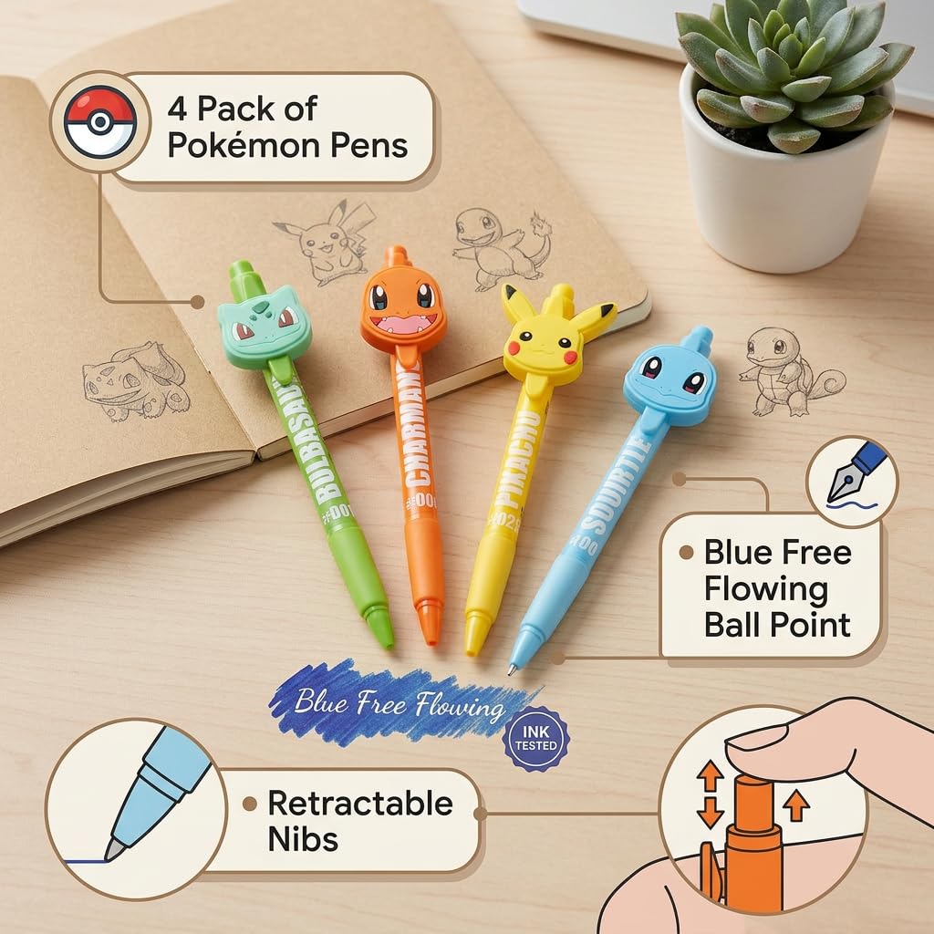 HOX Pokémon 4 Pack Ballpoint Pens - Pikachu, Charmander, Squirtle & Bulbasaur | Blue Ink