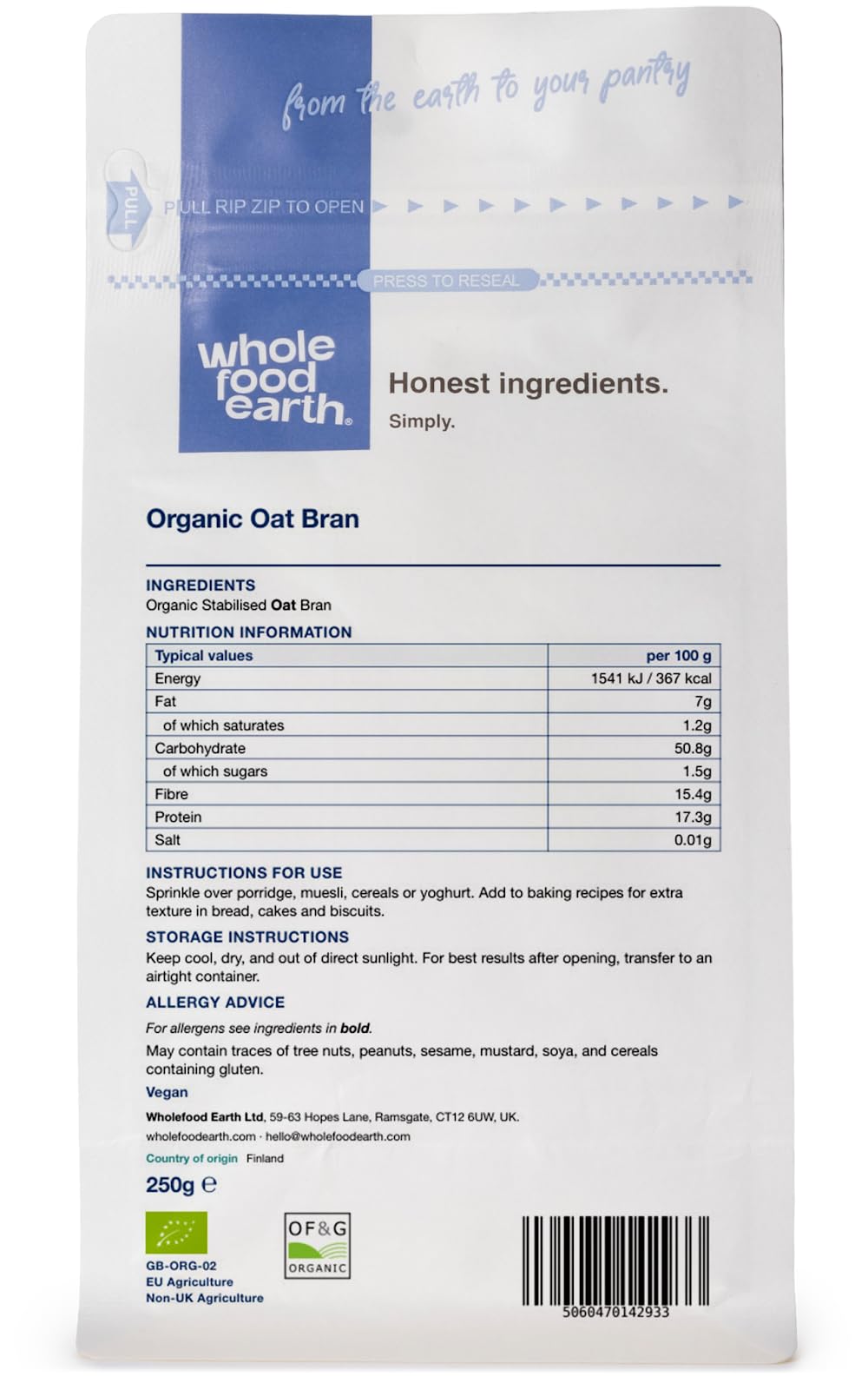 Wholefood Earth Organic Oat Bran, Stabilised - 250g
