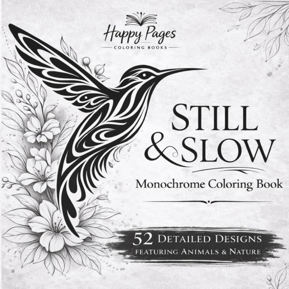 Happy Pages Still and Slow Monochrome Coloring Book for Adults: Animal & Nature Designs | Paperback 1