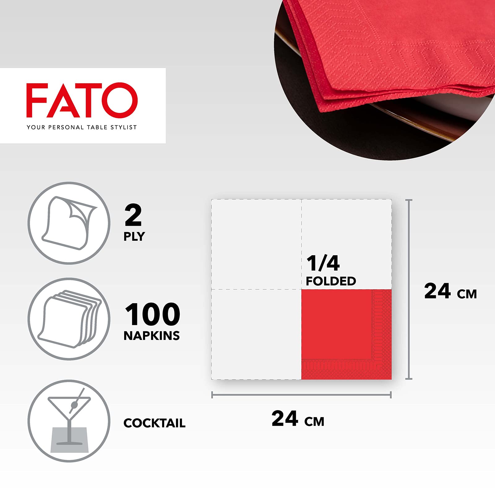 Fato Red 24x24 cm 2-Ply Disposable Paper Napkins, Pack of 100 for Aperitifs and Cocktails 2