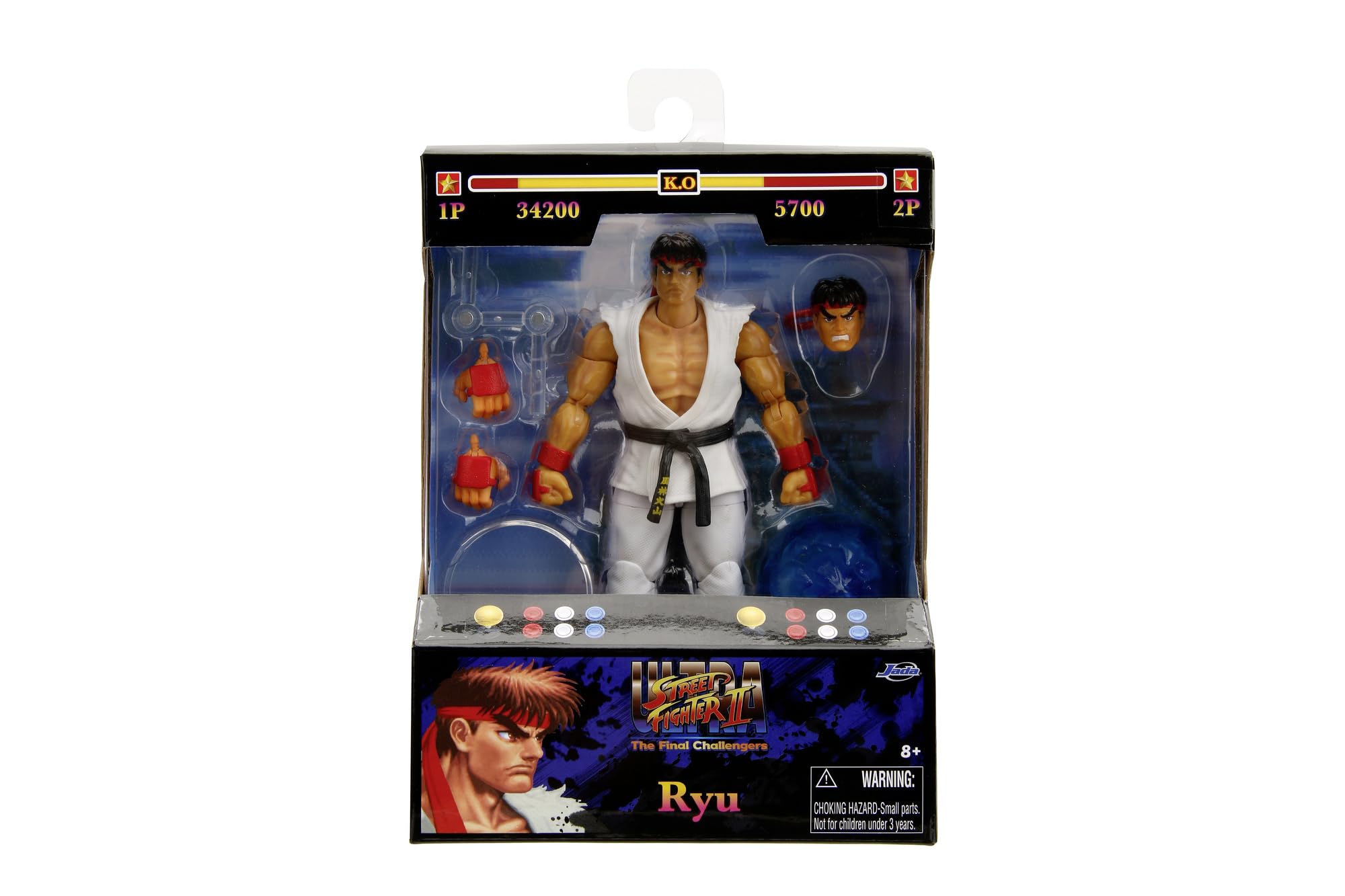 Jada Street Fighter II Ryu Action Figure - 15 cm Articulated Collectible with Interchangeable Hands, Head & Hadoken Accessory 1