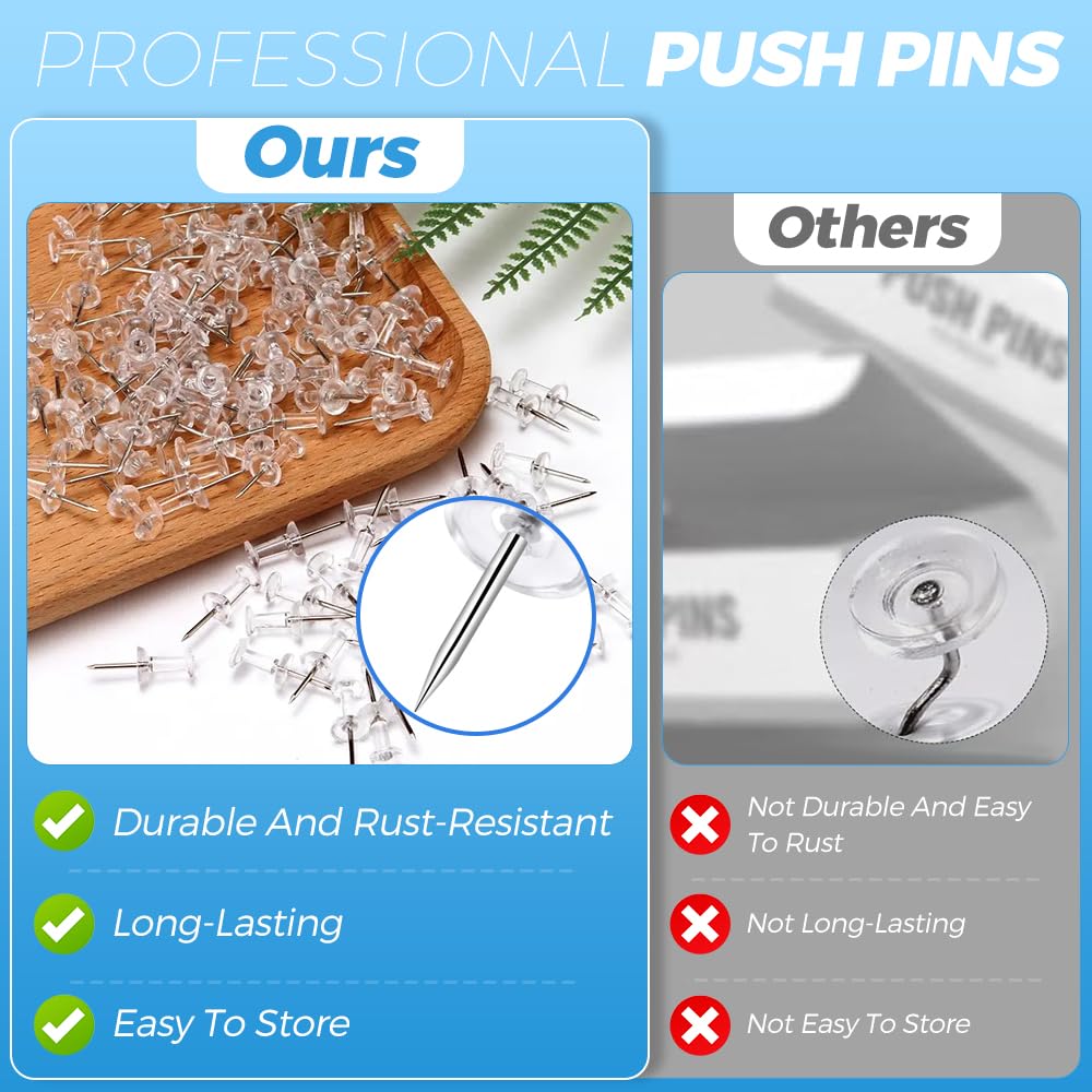 Woobroo Clear Push Pins - 150 Pcs Drawing Pins with Storage Box | Stainless Steel Needles 3