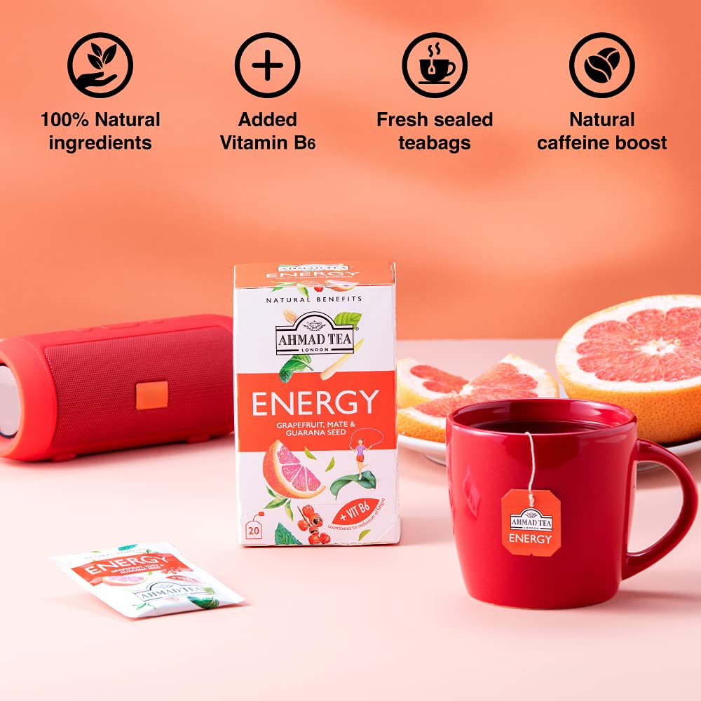 Ahmad Tea Natural Benefit Energy Tea - Grapefruit, Mate & Guarana Seed Blend | 20 Count Teabags