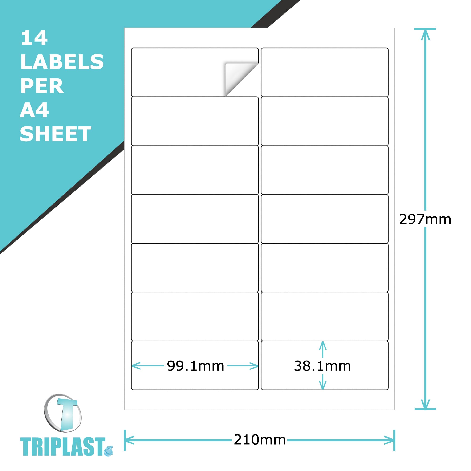 Triplast Multipurpose A4 Printer Labels - 14 Labels/Sheet, 99x38mm, Rounded Corners | 140 Labels Total