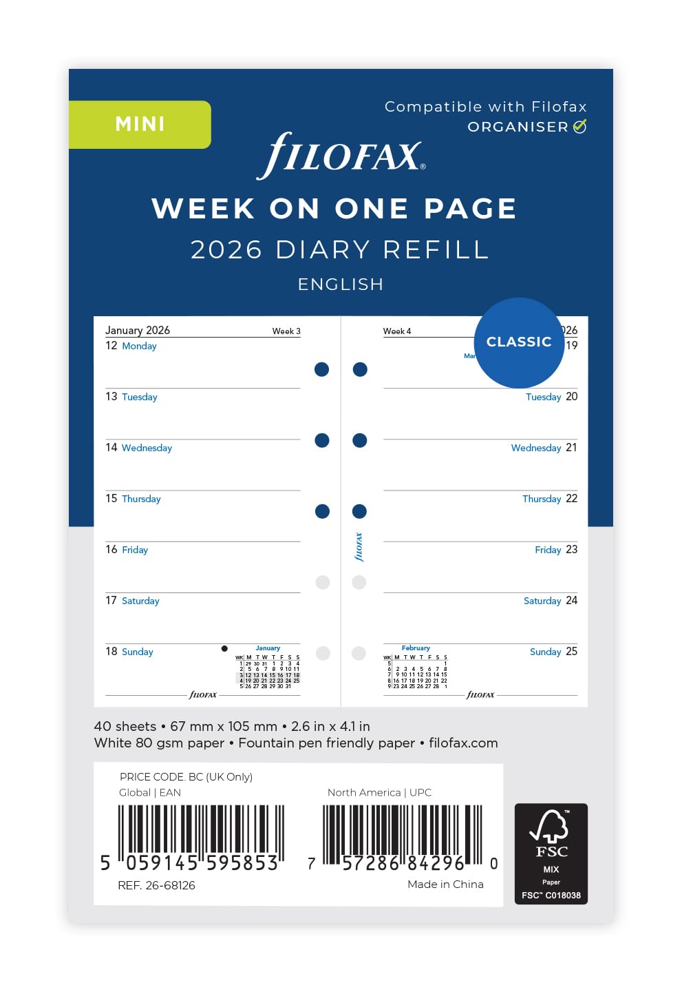 Filofax Mini 2026 Planner Refill - Week Per Page | 67x105mm White Paper 1
