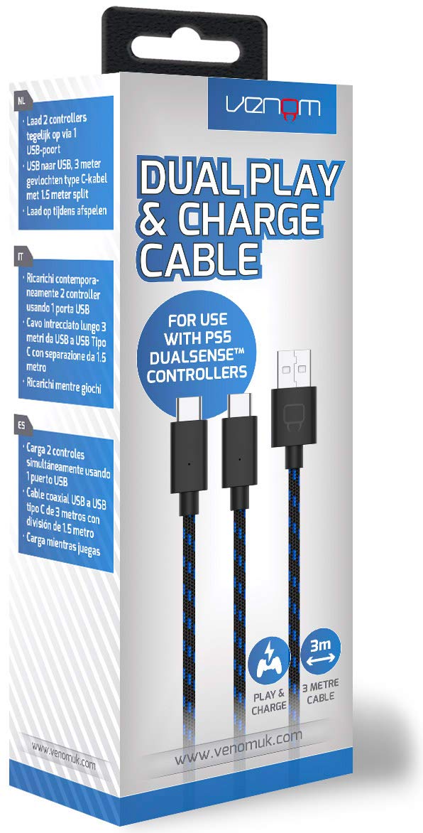 Venom Dual Play & Charge Cable - 3m Braided USB-C for PS5 | Charges 2 Controllers Simultaneously