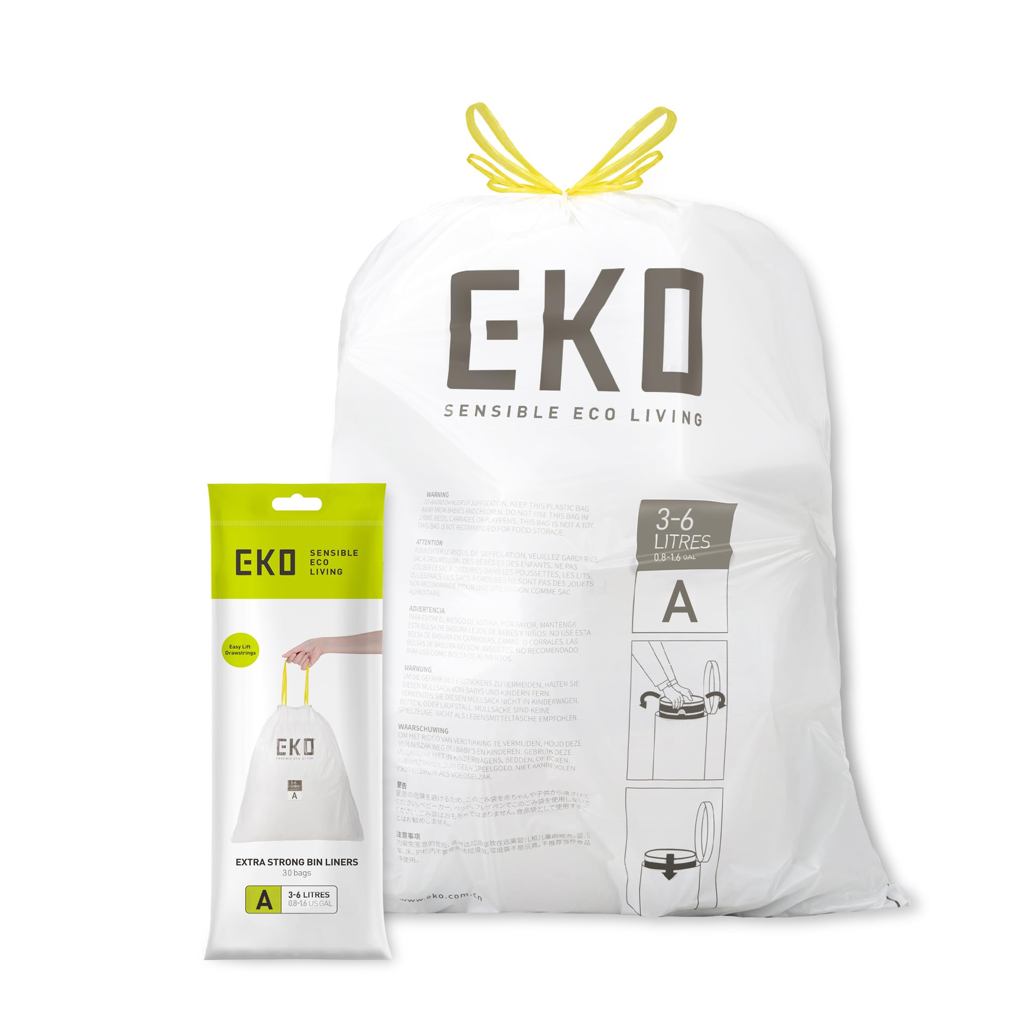 EKO Extra Strong Heavy Duty Bin Liners - 3-6 Litre Capacity, White, 30 Count Drawstring Bags