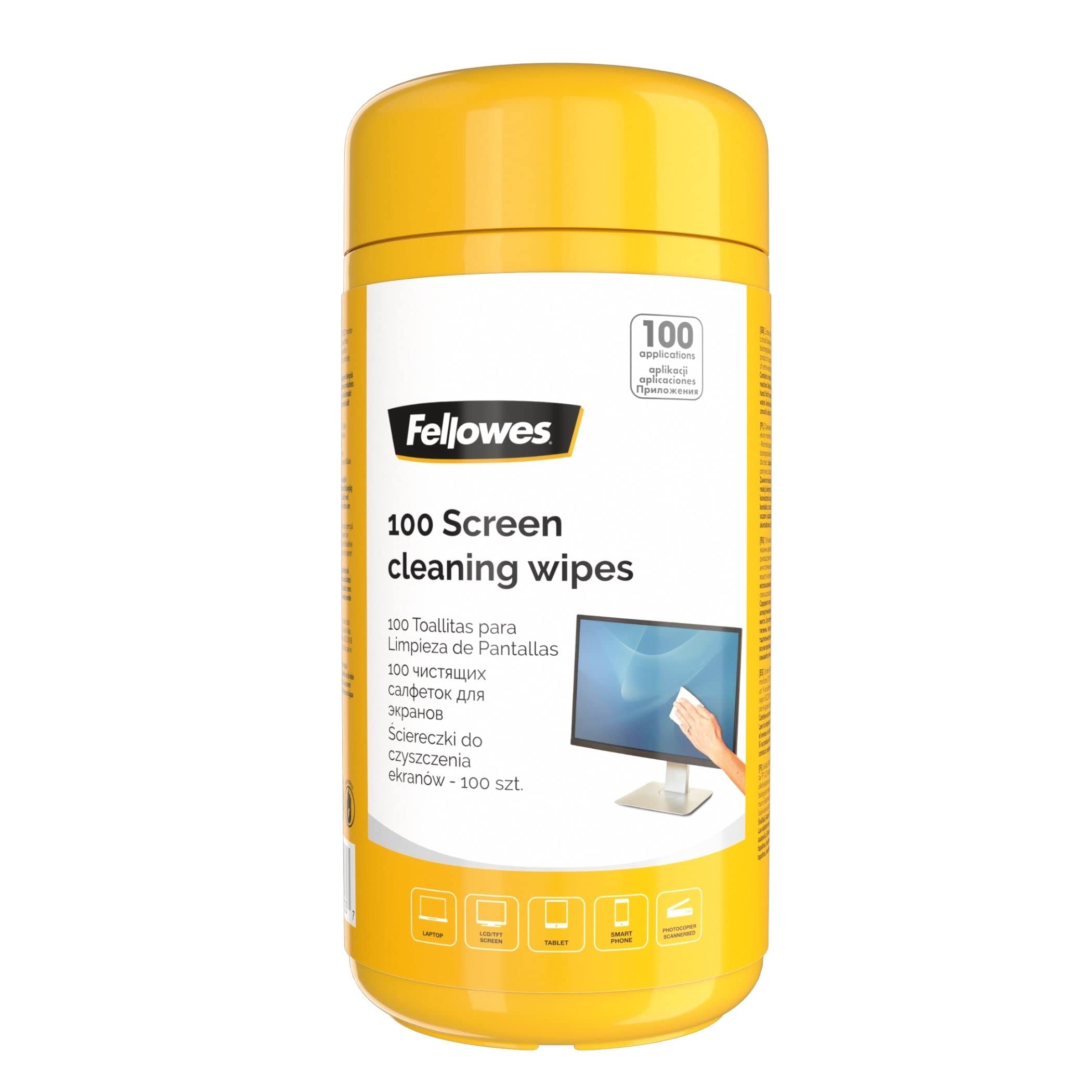 Fellowes Screen Wipes Tub - 100 Wipes, Pack of Six, Anti-Static, Non-Streak | Model 9970335