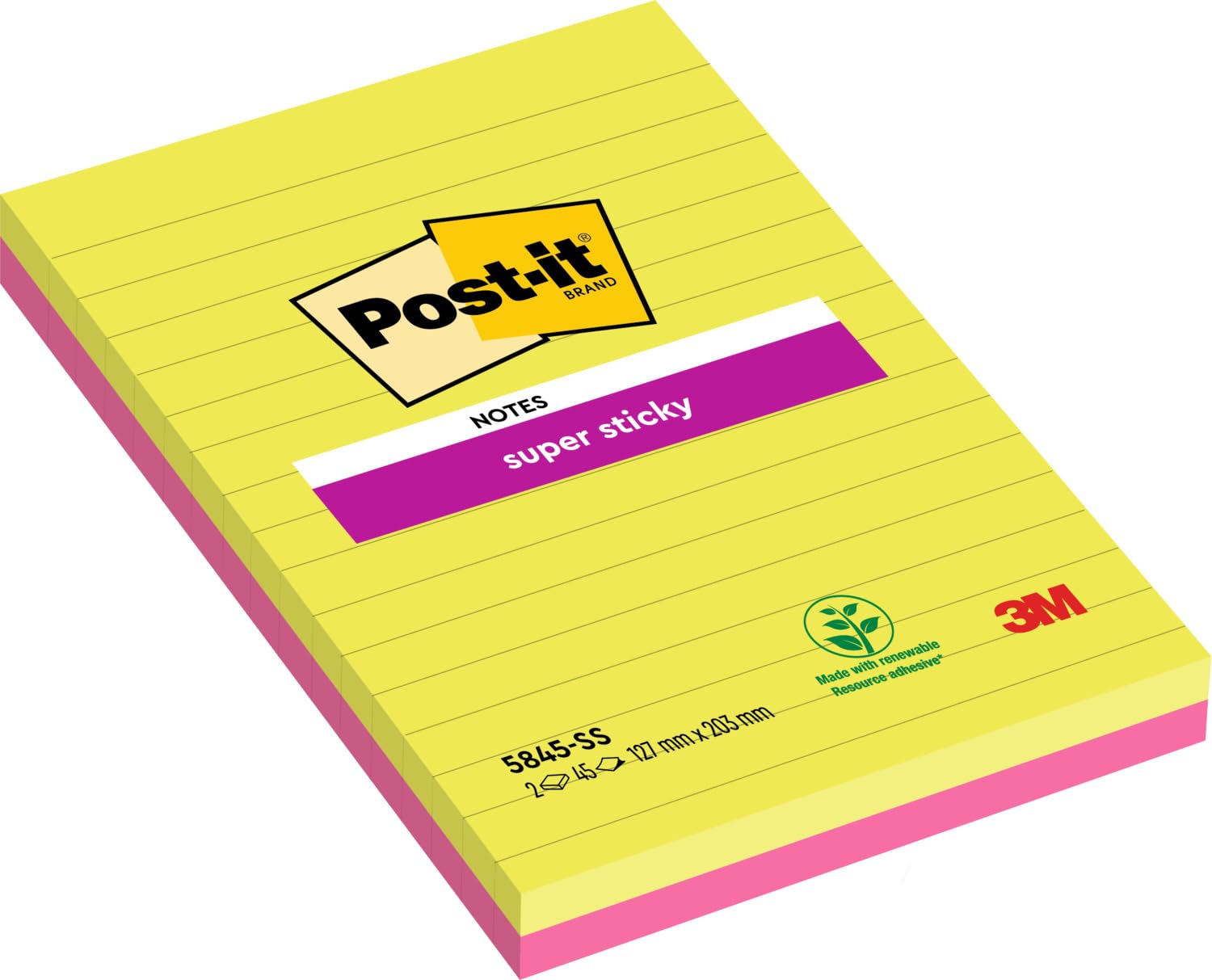 Post-it Super Sticky Large Notes, Pink and Green, Lined, 127 mm x 203 mm, 45 Sheets/Pad, 2 Pads - Self-stick Notes For Note Taking, To Do Lists & Reminders 1