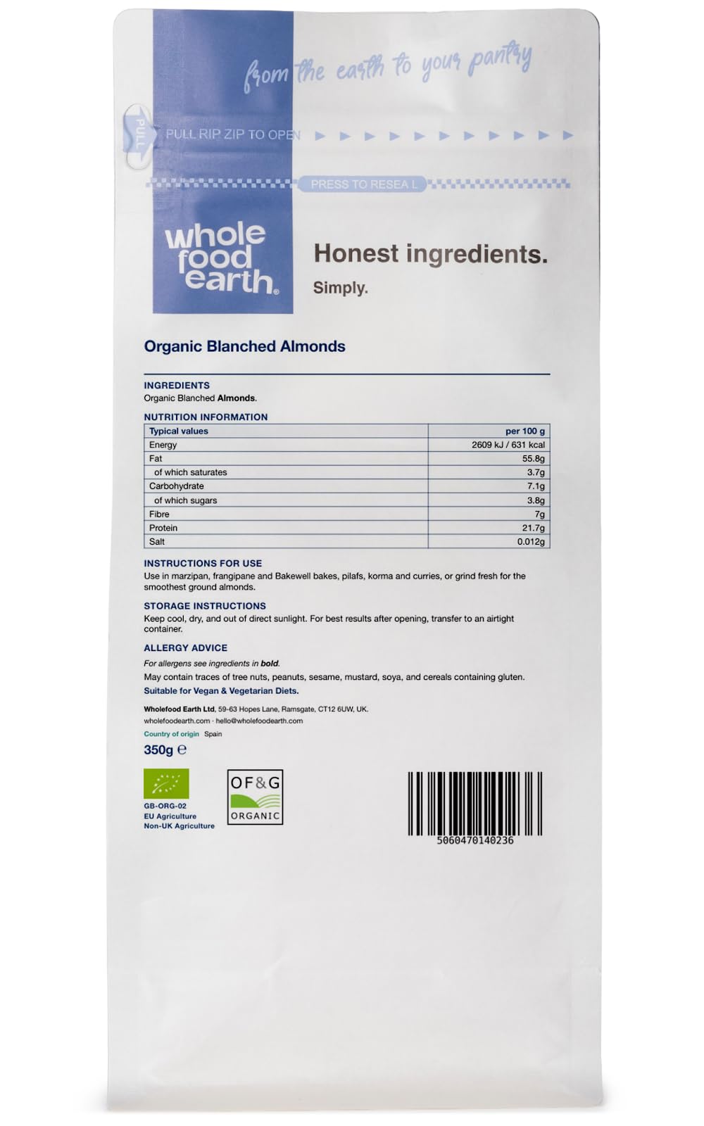 Wholefood Earth Organic Blanched Almonds - 350g