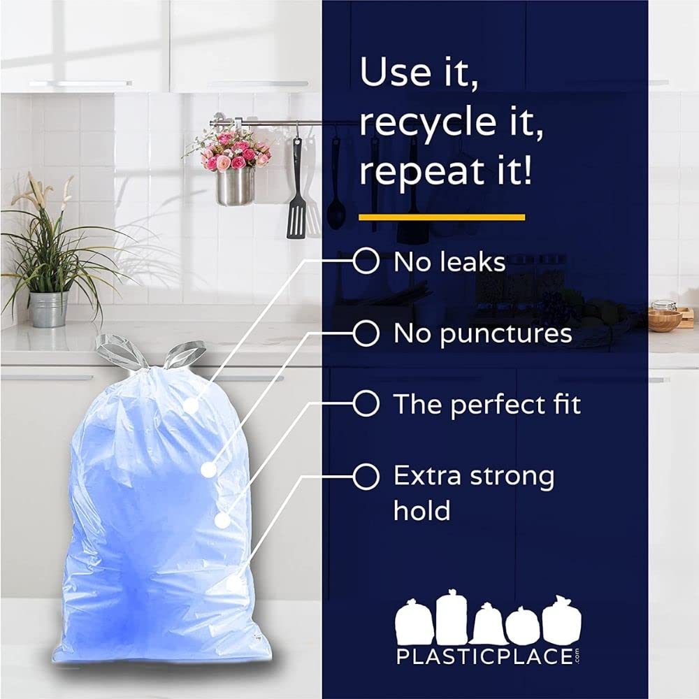 Plasticplace Custom Fit Trash Bags - Tear Resistant 1.2 Mil | Drawstring Closure | 100 Count Blue Bags 5