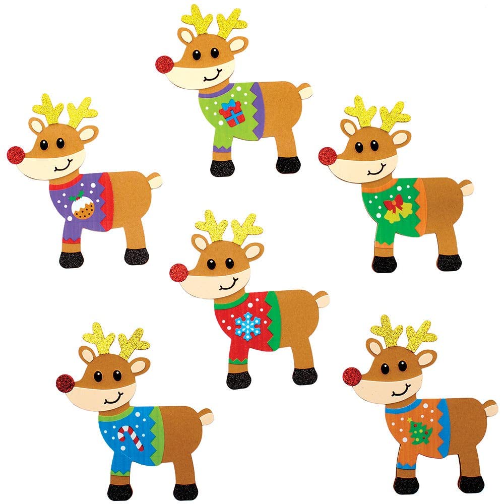 Baker Ross FX240 Reindeer Christmas Jumper Card Kits - Pack of 6, DIY Craft Activity for Kids