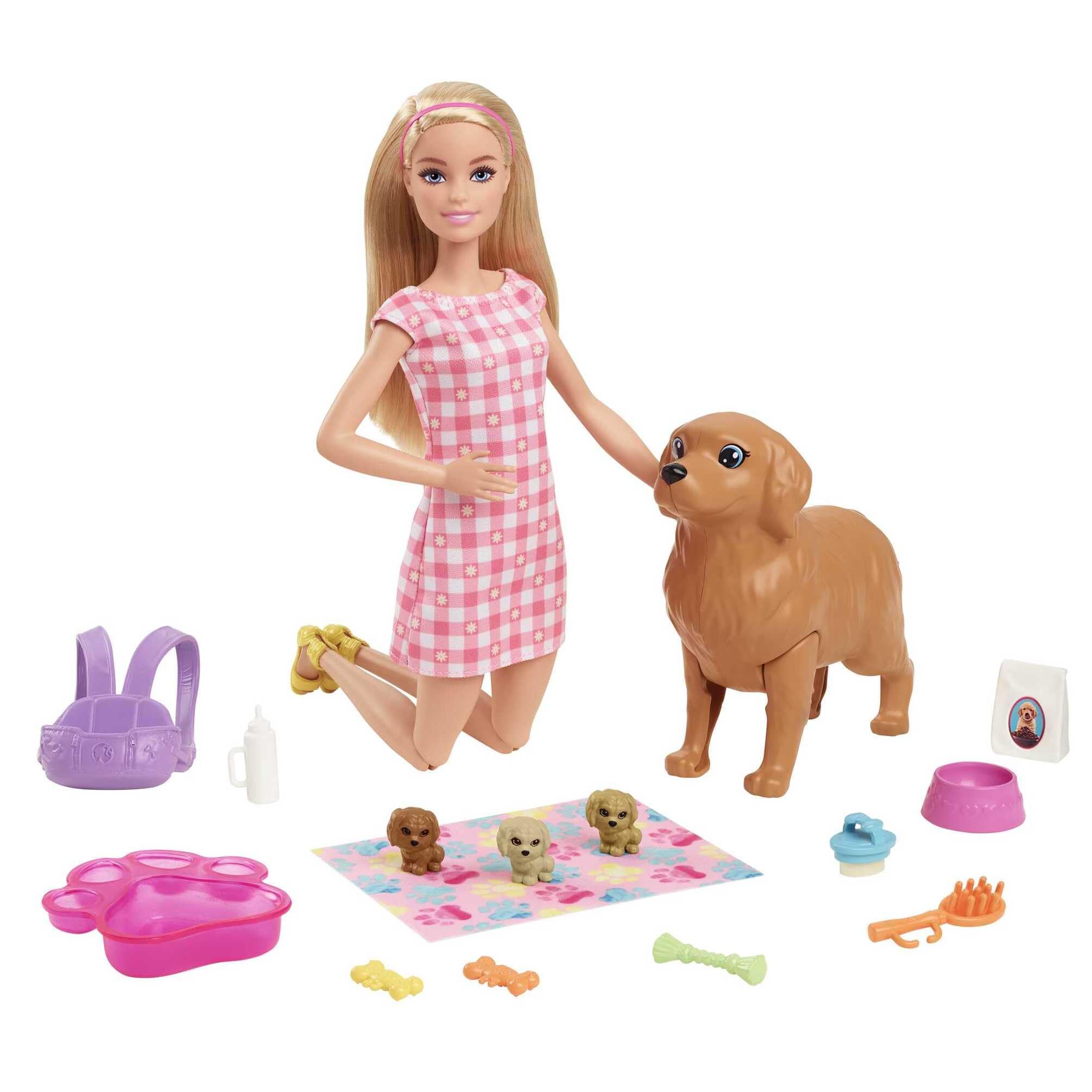 Barbie Newborn Pups Playset with Blonde Doll, Mommy Dog, 3 Puppies, and 11 Accessories | Ages 3-7 1