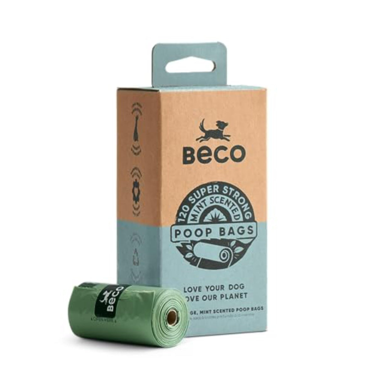 Beco Dog Poo Bags - 120 Mint-Scented Bags, 33 x 22 cm, 8 Rolls