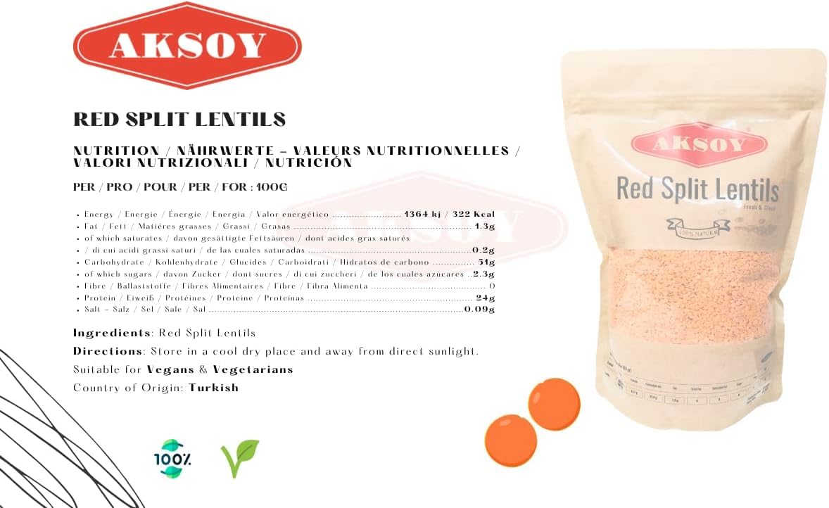 AKSOY Red Split Lentils - 1kg Pack | High Protein | Vegan & Vegetarian Friendly 2