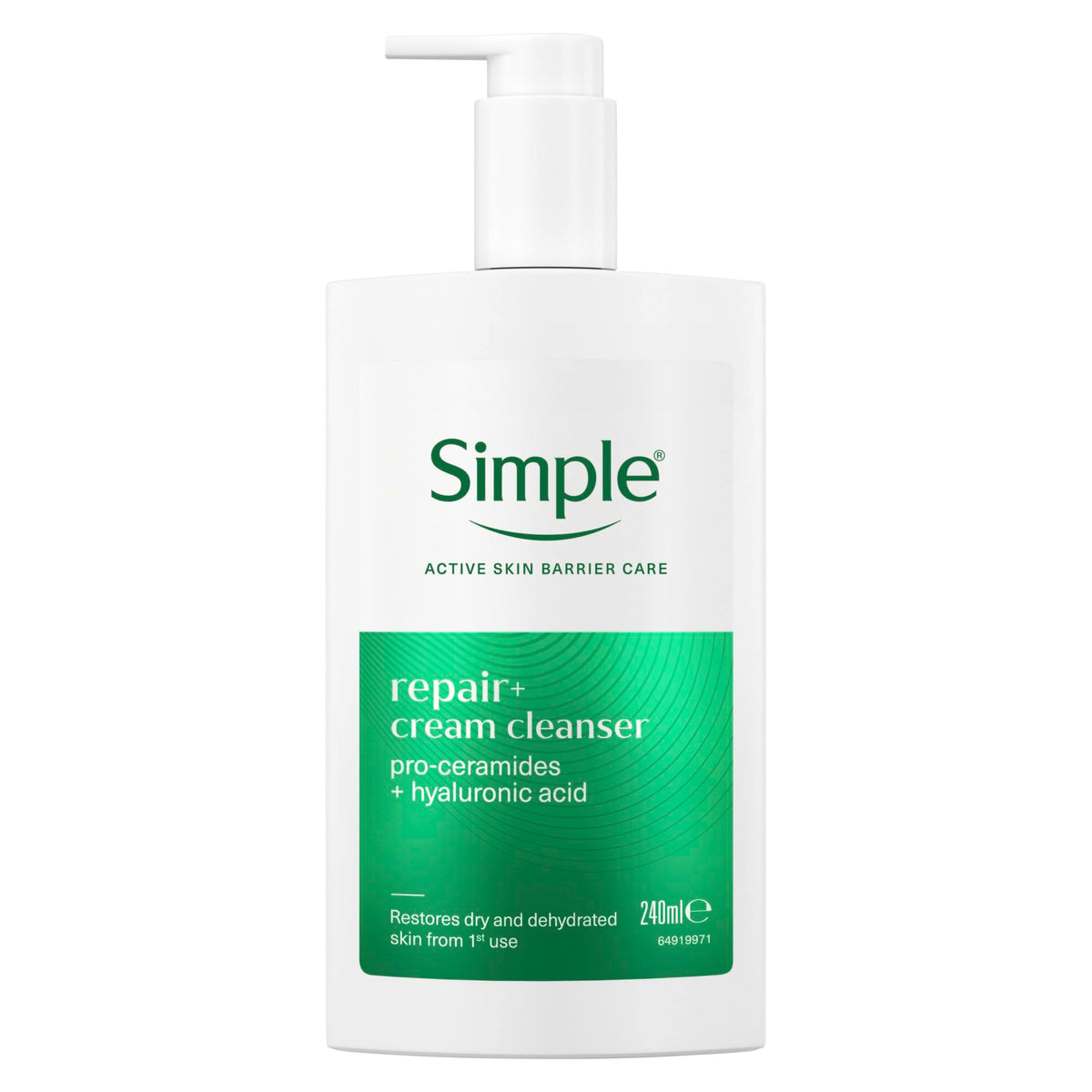 Simple Repair+ Cream Cleanser - Restores Dry Skin with Pro-Ceramides & Hyaluronic Acid | 240 ml
