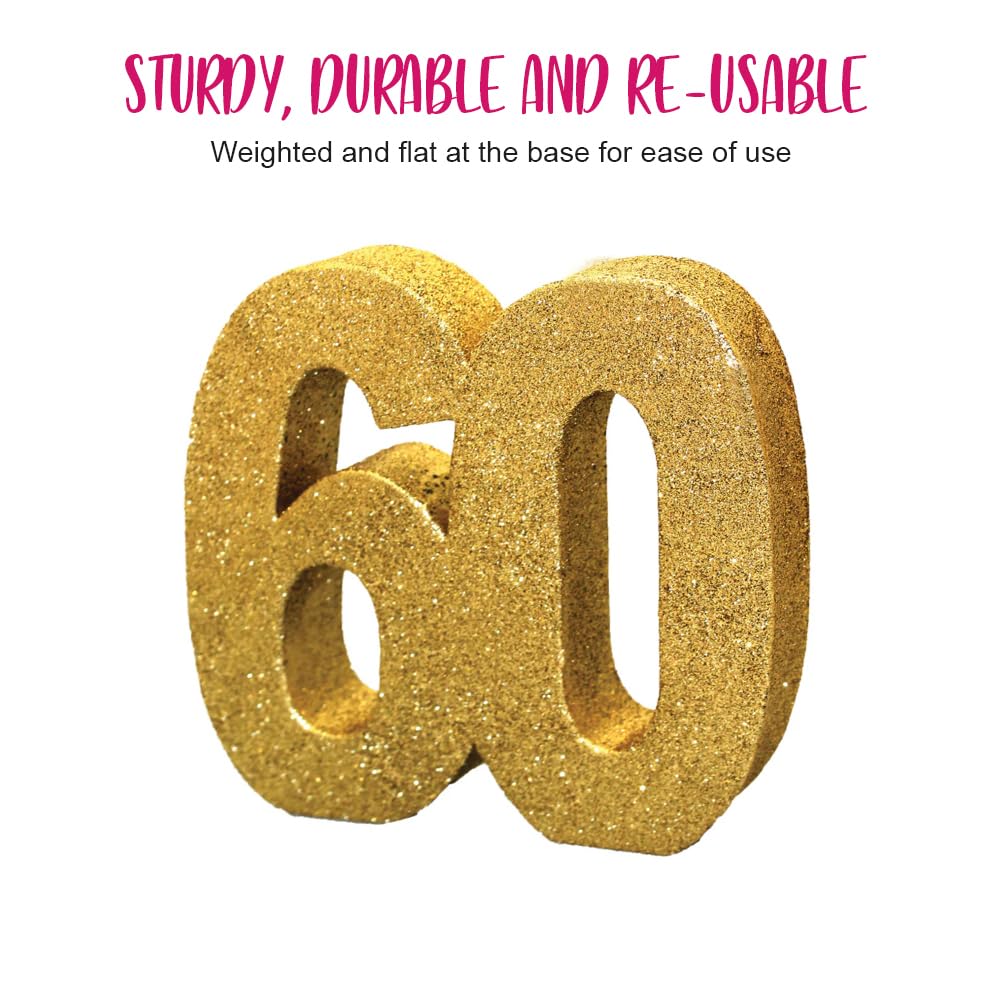Anniversary House Number 60 Glitter Table Decoration - Gold | Weighted | Reusable 3