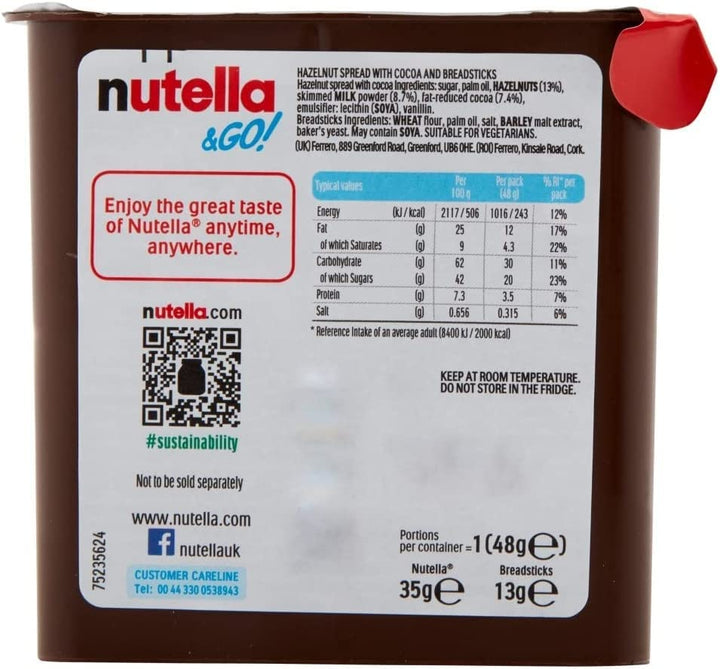 Nutella &Go! Hazelnut Snack Kit, Portable Chocolate & Breadstick Snack Pack, 12 Count