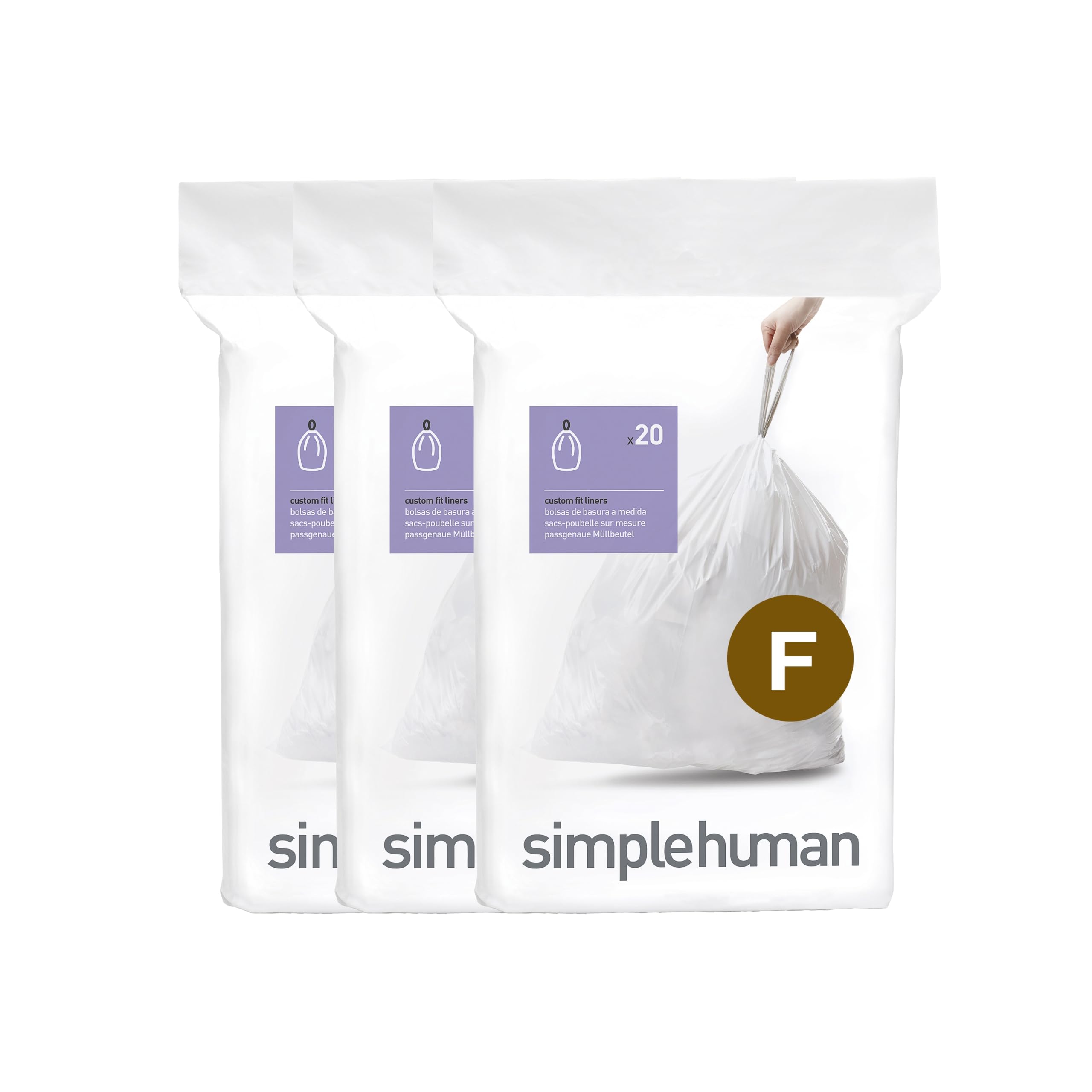 simplehuman CW0256 Code F Custom Fit Bin Liner Bulk Pack, White Plastic, 60 Count