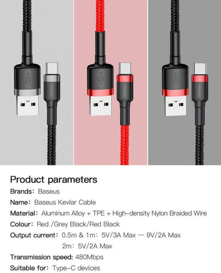 Baseus Cafule USB to USB-C Cable - 2A Fast Charging, 2m Length, Durable Red Cable