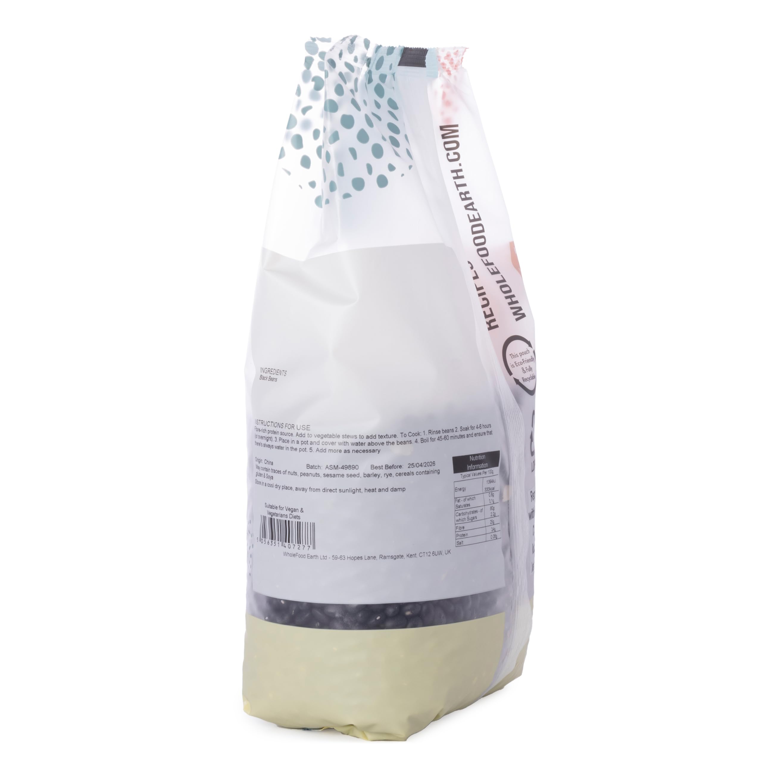 Wholefood Earth Black Beans - 1 kg | GMO Free | High Fibre | Vegan
