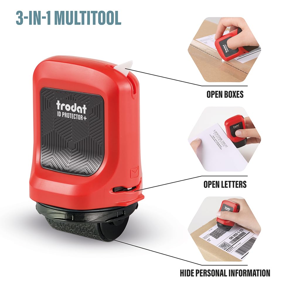 Trodat ID Protector+ Identity Theft Protection Roller Stamp - 3-in-1 with Box/Letter Opener | 1 Inch Wide 4