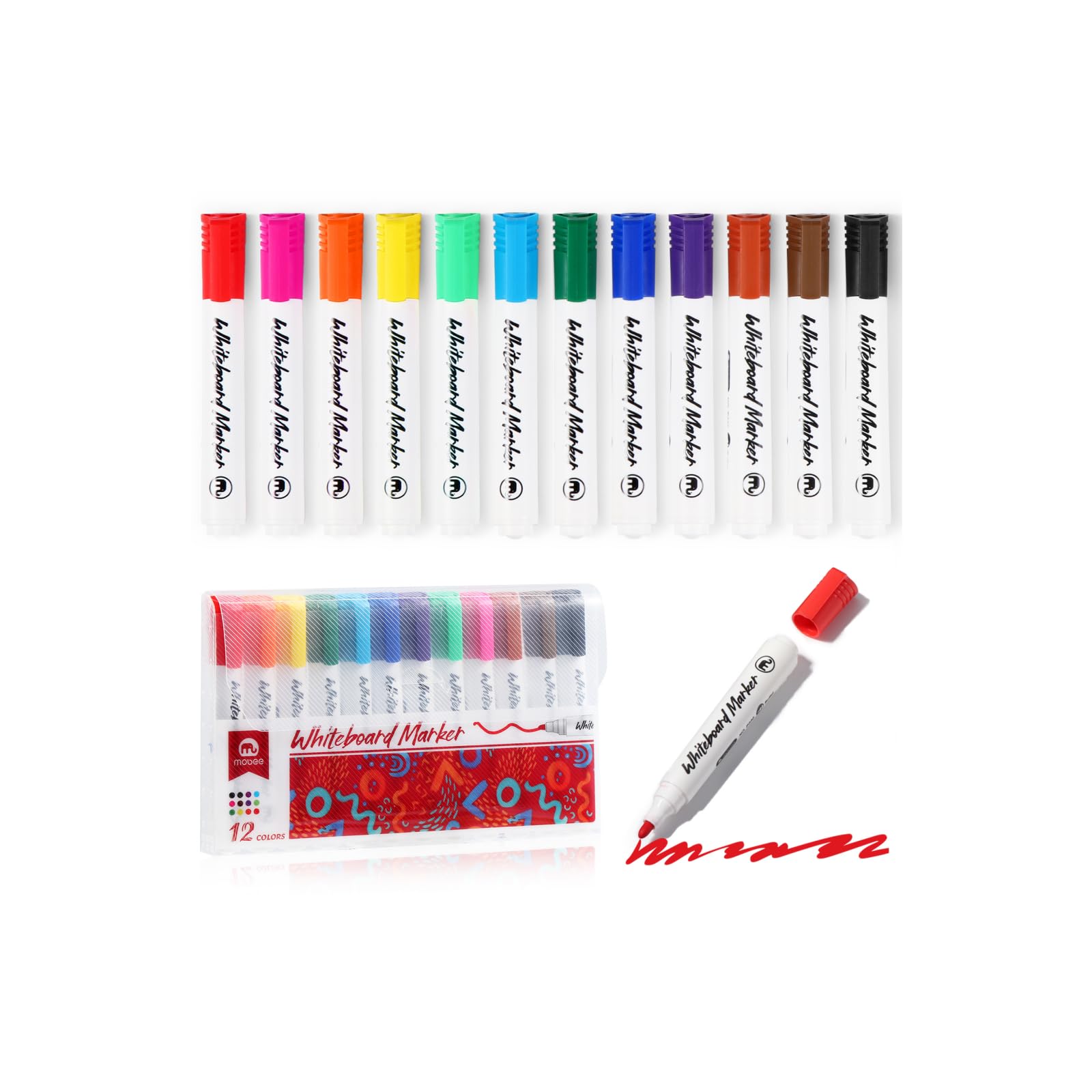 Vinabo Dry Erase Markers - 12 Colour Pack | Erasable Fiber Tips | Quick Drying Ink