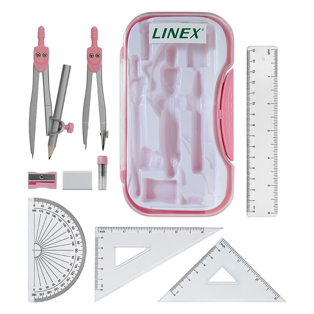 Linex Maths Geometry Set - 10-Piece Exam Kit with Compass, Protractor, Ruler | Pink Case
