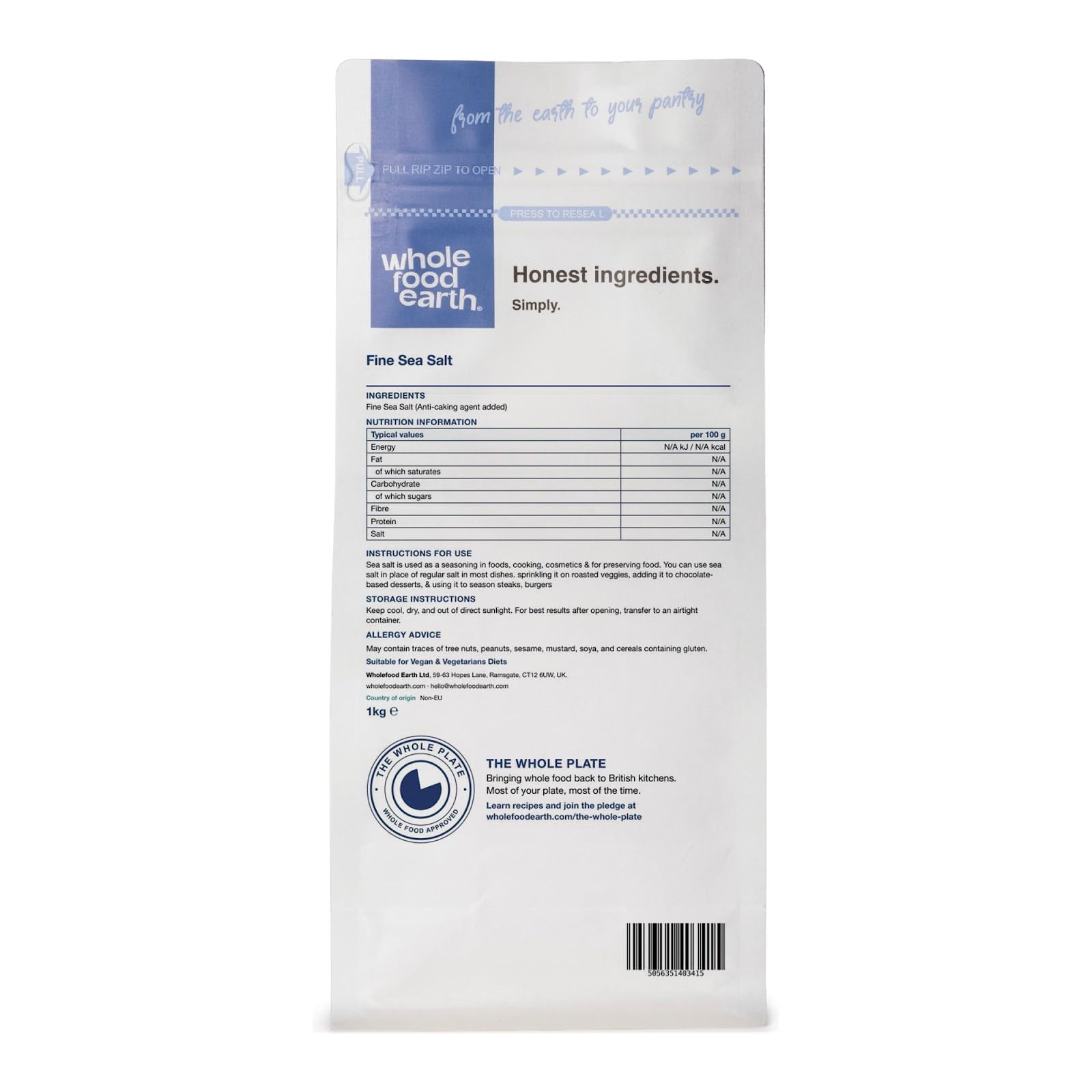 Wholefood Earth Fine Sea Salt - 1kg | GMO Free 6