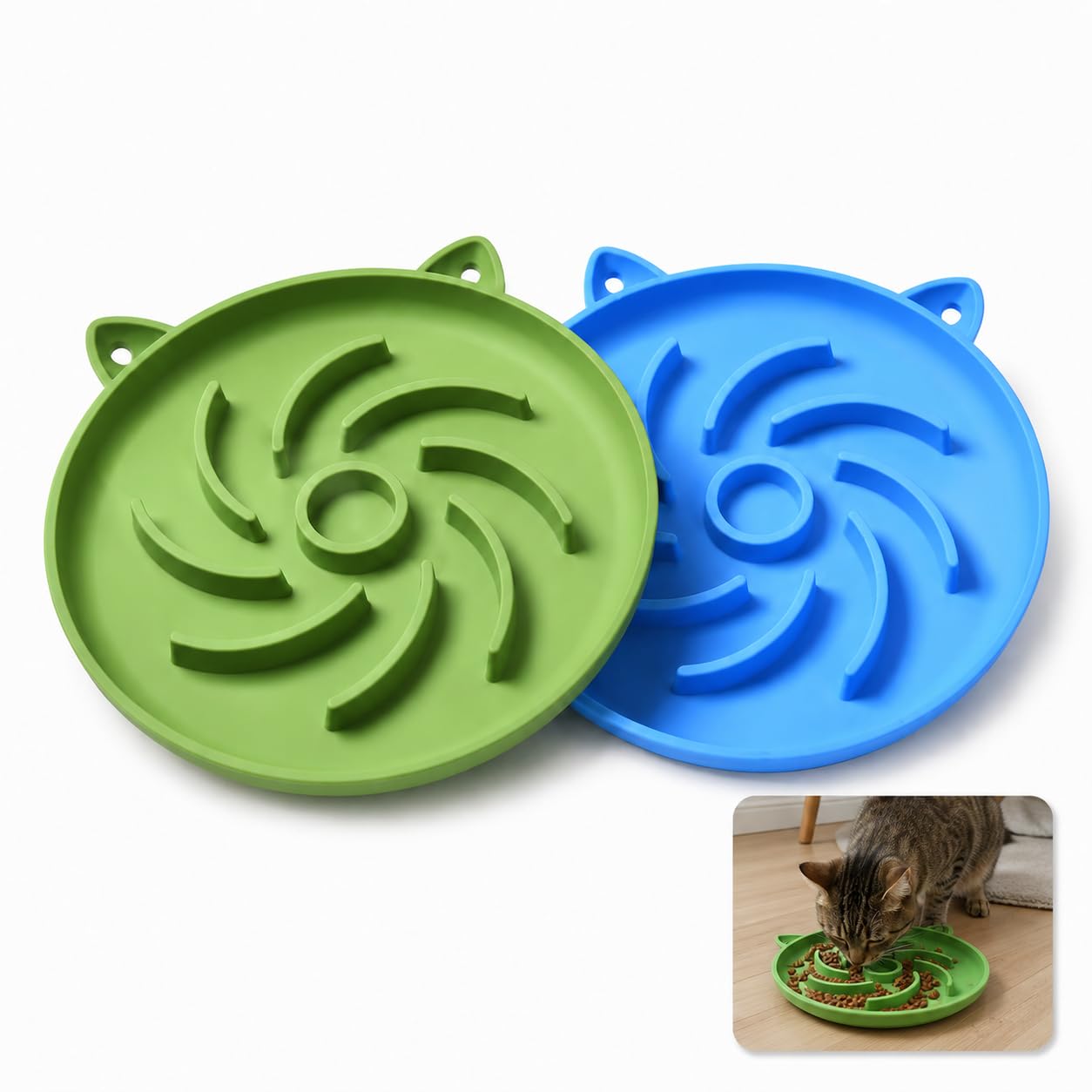 JADUFHU Silicone Slow Feeder Cat Bowl - Promotes Healthy Eating | 2 Pack | Green & Blue 1