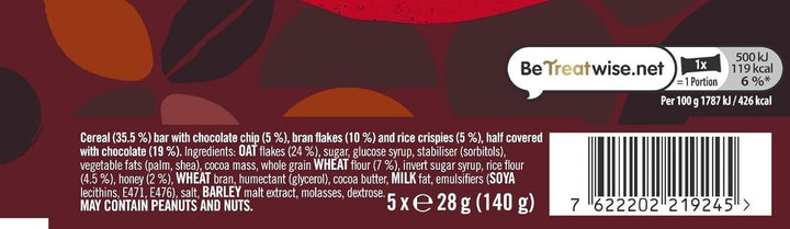 Cadbury Bournville Brunch Bar Chocolate Chip, Dark Chocolate Cereal Bars with Oats, 140g