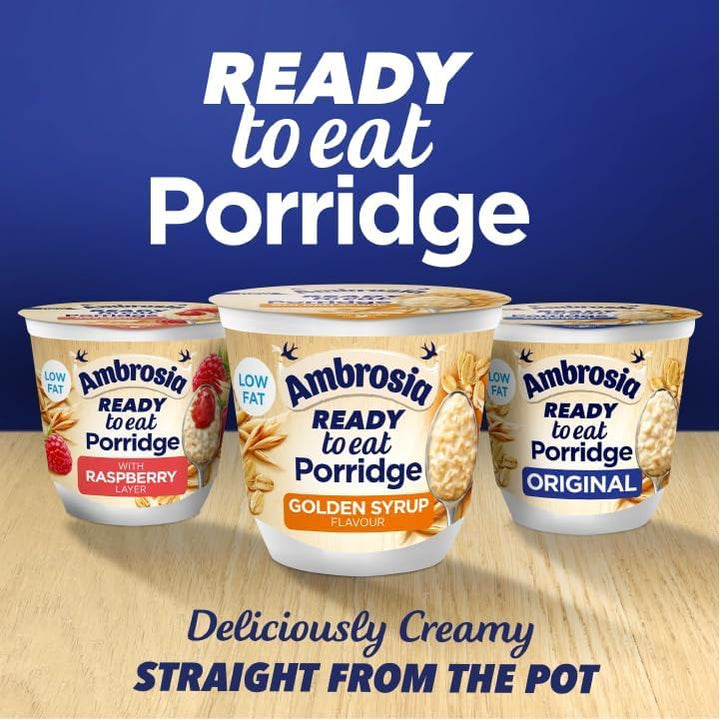 Ambrosia Raspberry Layered Porridge Pots with British Wholegrain Oats, Ready-to-Eat, 210g (Pack of 6)