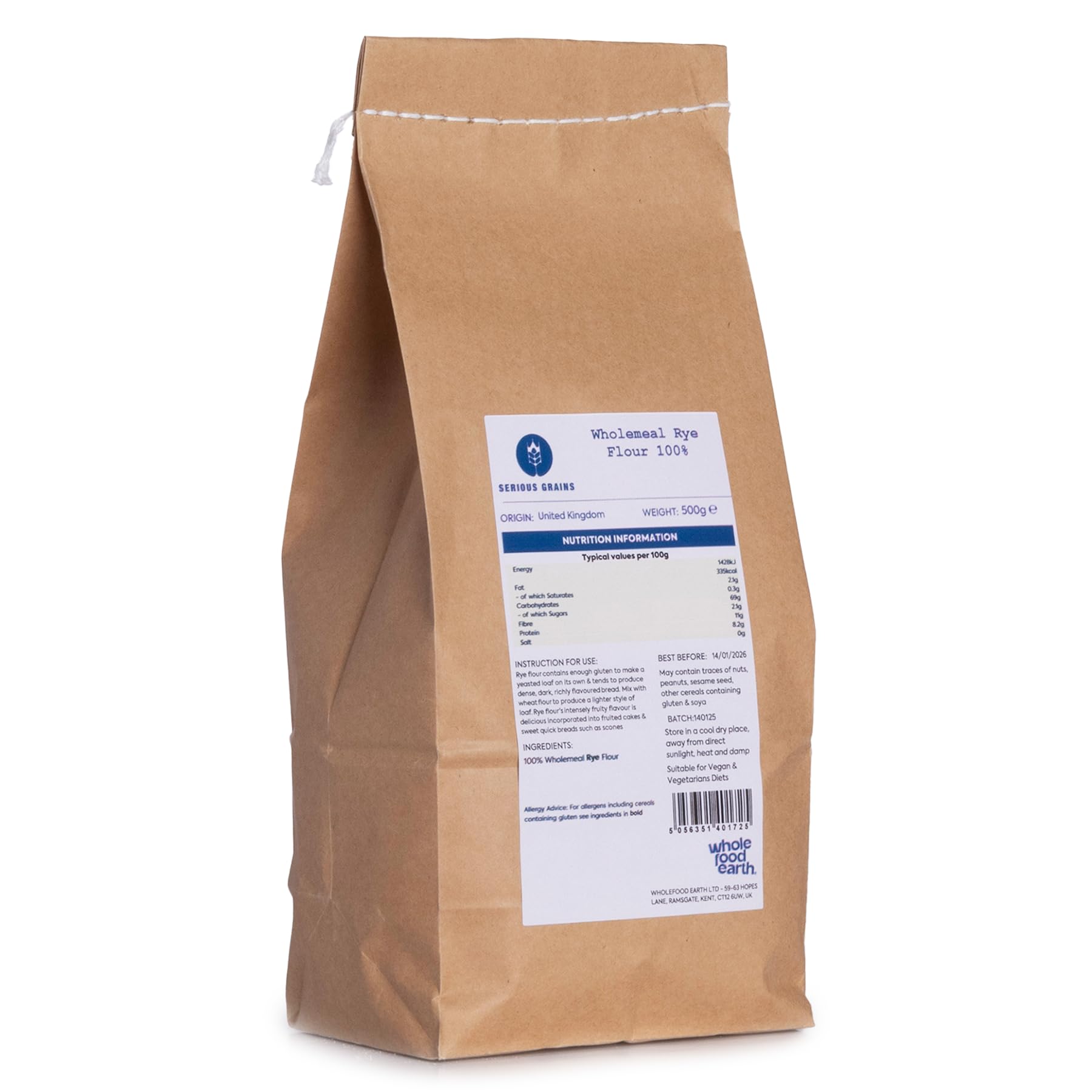 Wholefood Earth 100% Wholemeal Rye Flour Stoneground 500g