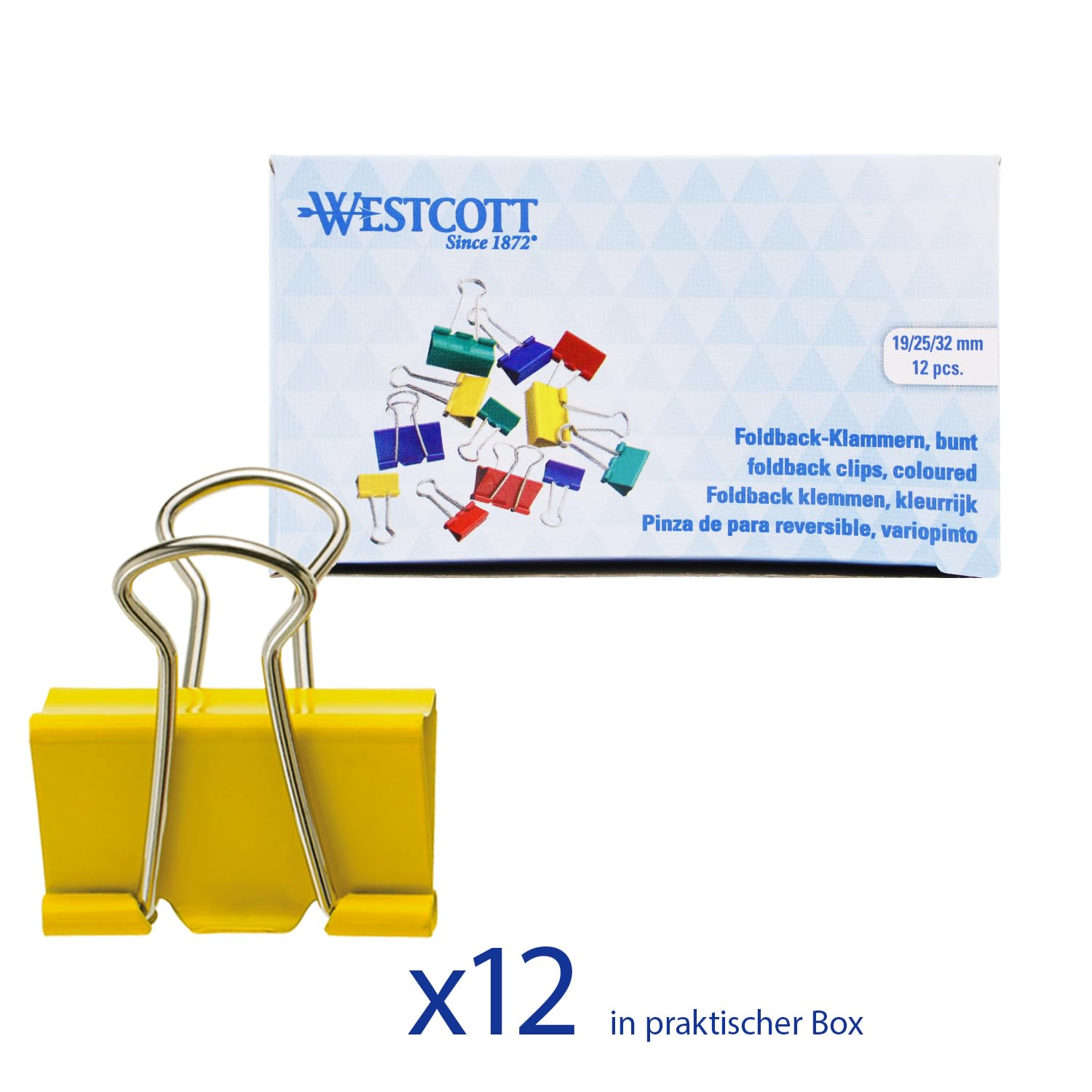 Westcott Metal Foldback Clips - 12 Pack Assorted Sizes (19mm, 25mm, 32mm) | Mix Colors