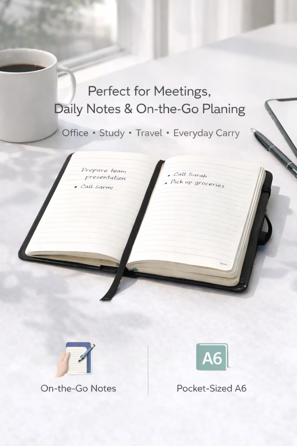 1ABOVE Executive Notebook - Soft Feel Hardback | A6 Size | 160 Lined Pages | Black 5