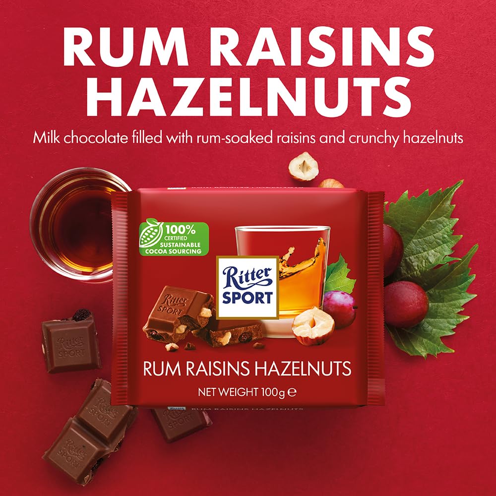 Ritter Sport Rum Raisins and Hazelnuts Milk Chocolate Bar, 100g, Case of 12