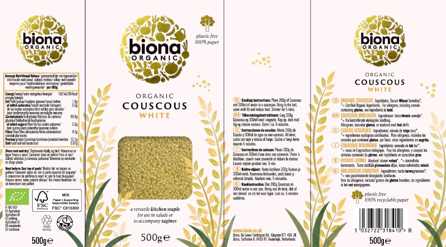 Biona Organic Cous Cous - Italian Durum Wheat | 500g | Ready in 5 Mins
