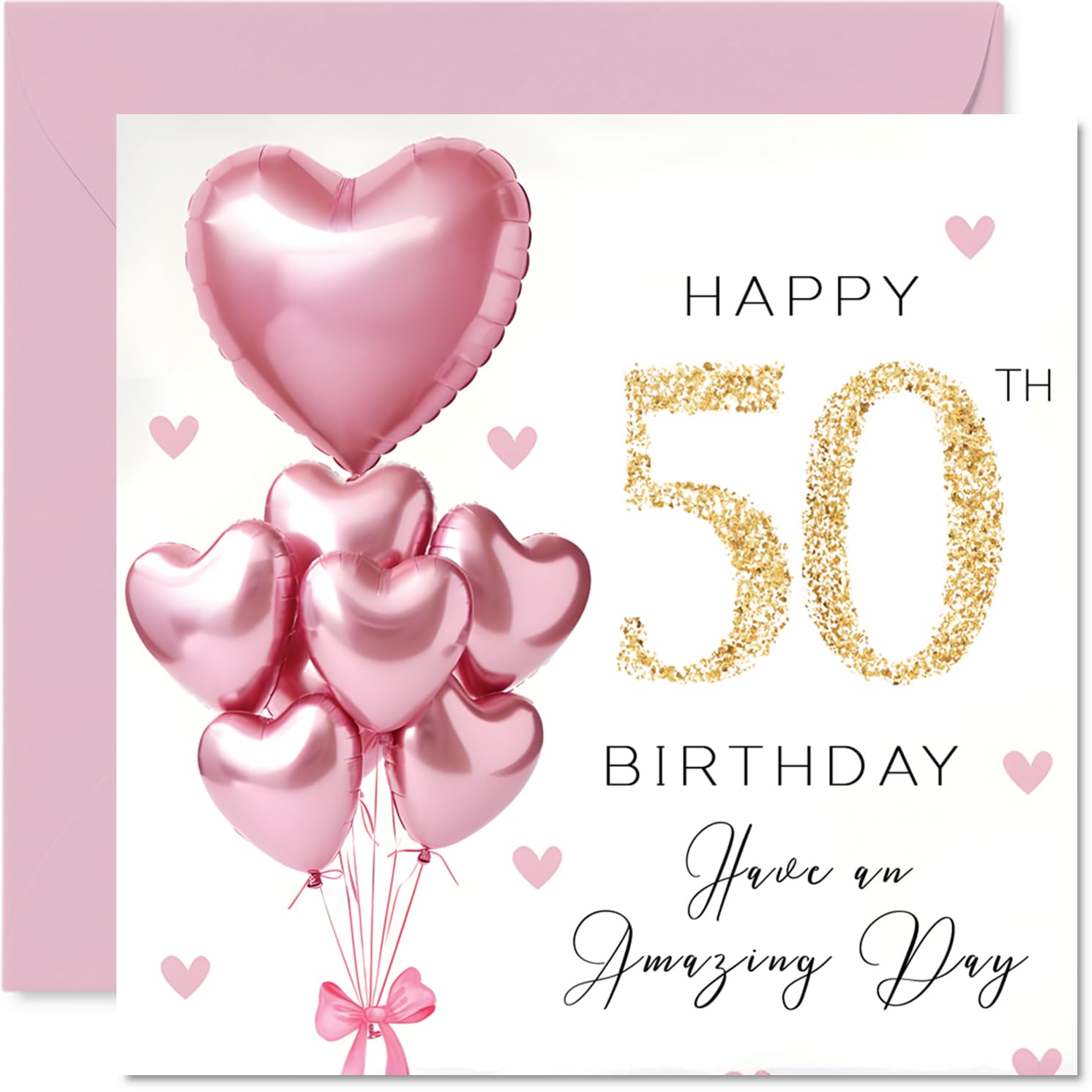 Stuff4 50th Birthday Card for Women - Pink Glitter Balloons | 145mm x 145mm | Blank Inside 1