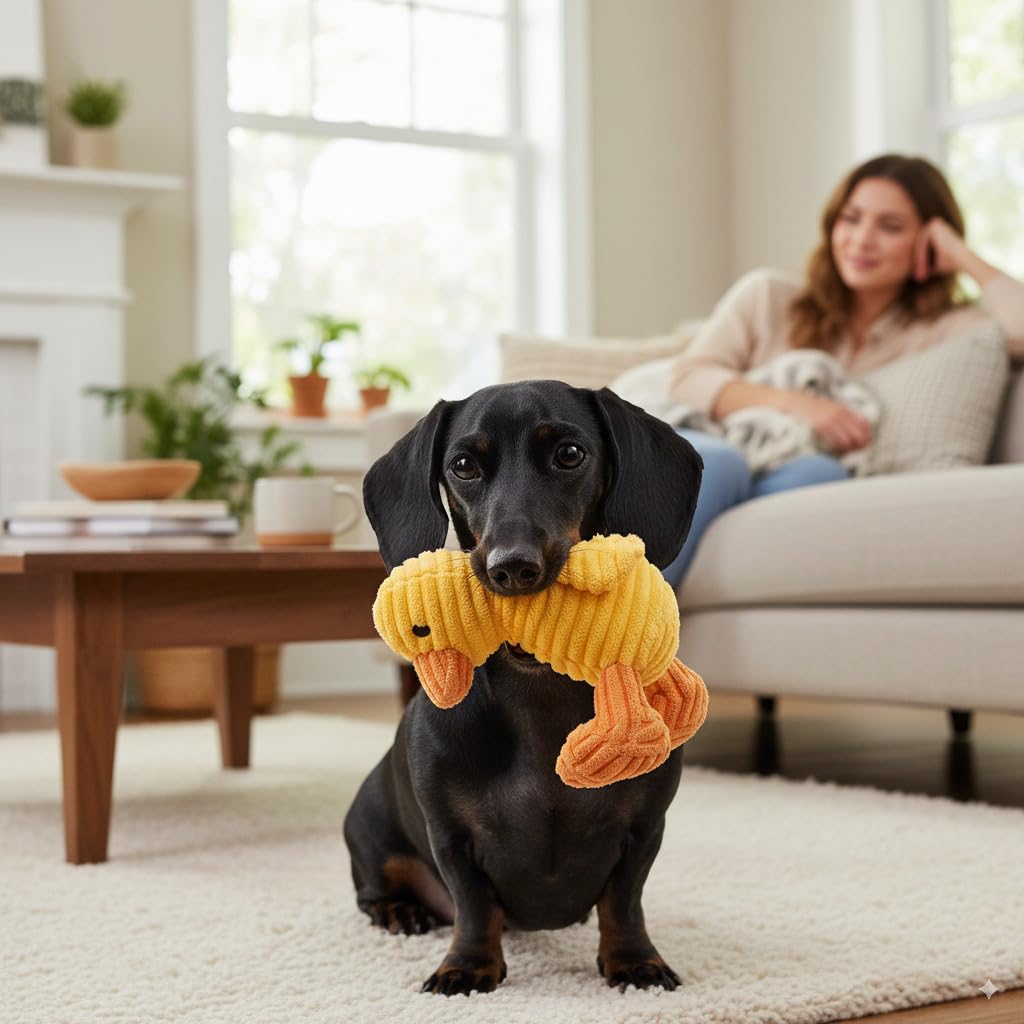 Zappi Co Yellow Duck Plush Dog Toy - Squeaker, Corduroy, Small 2