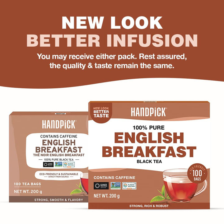 HANDPICK English Breakfast Black Tea Bags (100 Count) Strong, Robust | Eco-Conscious, Carbon-Neutral Tea for Hot or Iced Brews